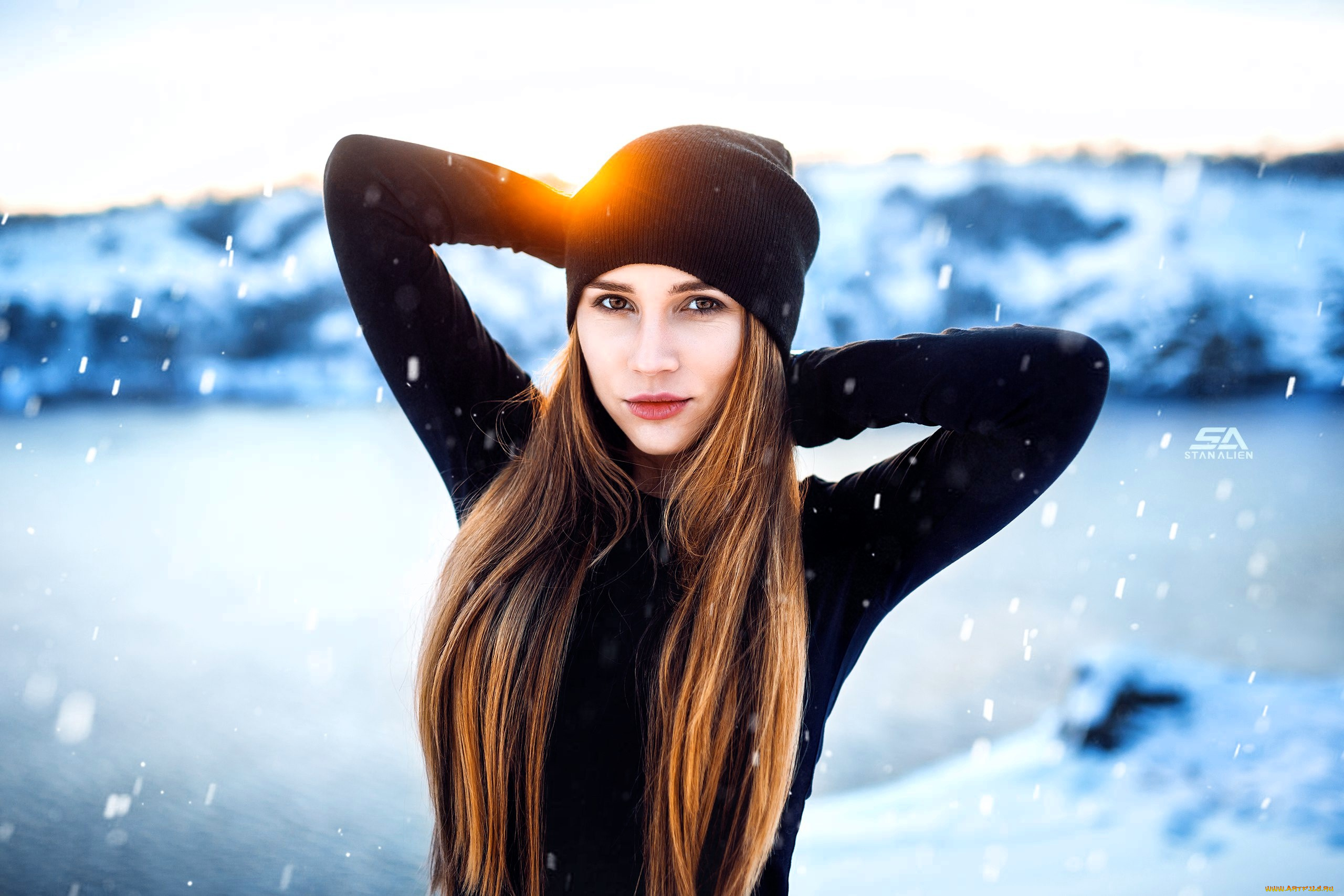 девушки, -, блондинки, , светловолосые, блондинка, шапка, свитер, снег, зима