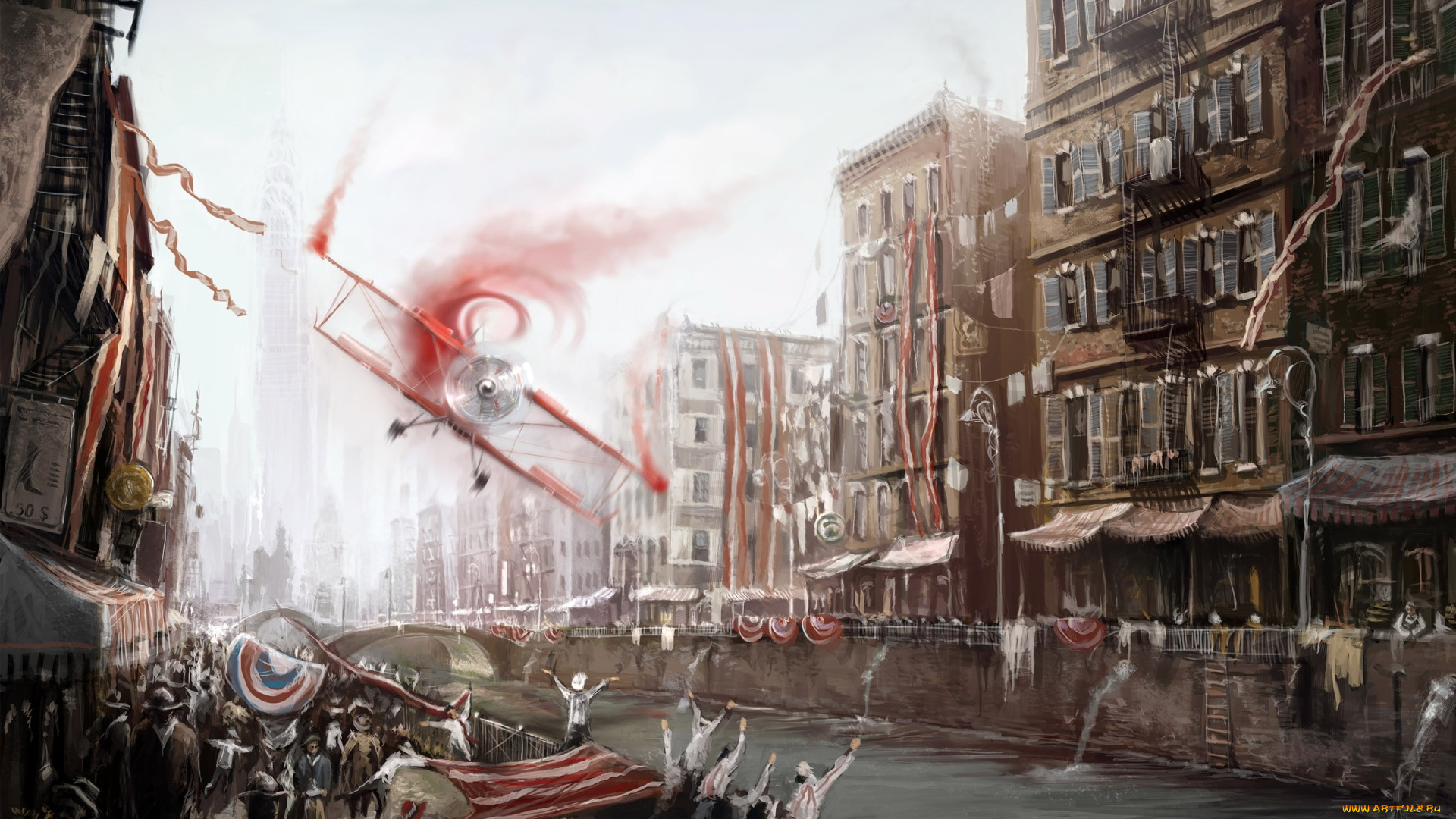 рисованные, города, artem, borisov, аэроплан, река, город, артём, борисов, ликование, самолёт, набережная, люди