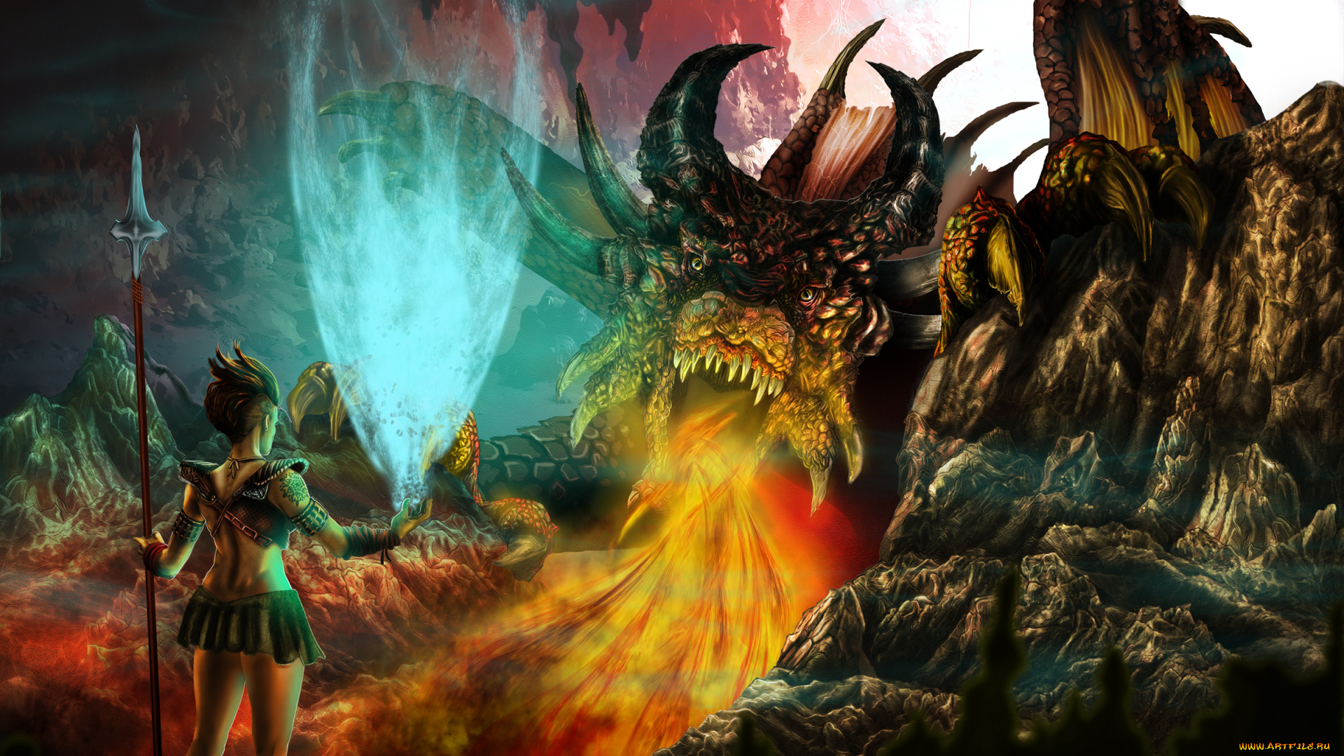 3д, графика, fantasy, фантазия, магия, дракон, девушка