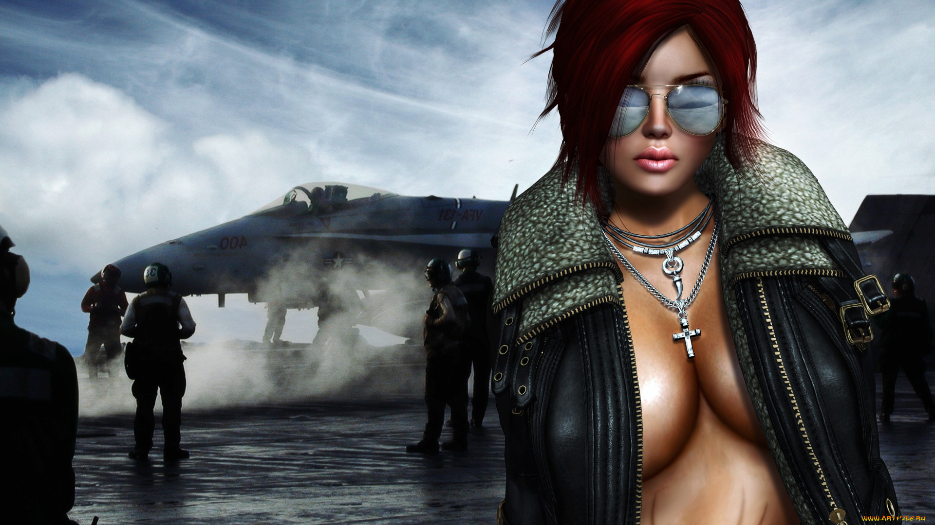 3д, графика, people, люди, тату, девушка, стрижка, пилоты, куртка, очки