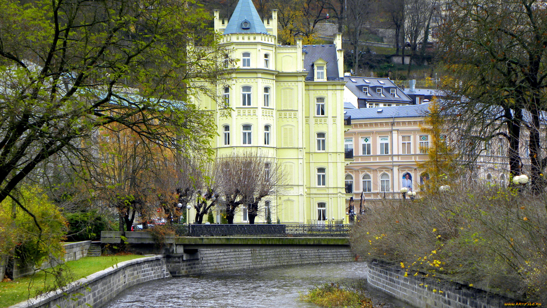 karlovy, vary, Чехия, города, здания, дома, река, набережная