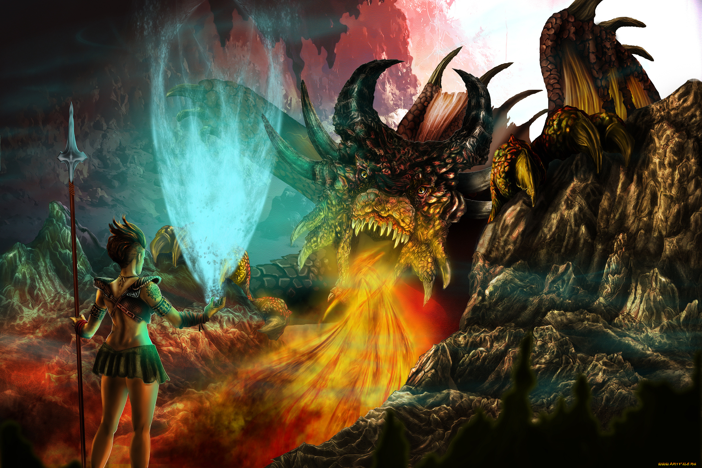 3д, графика, fantasy, фантазия, магия, дракон, девушка