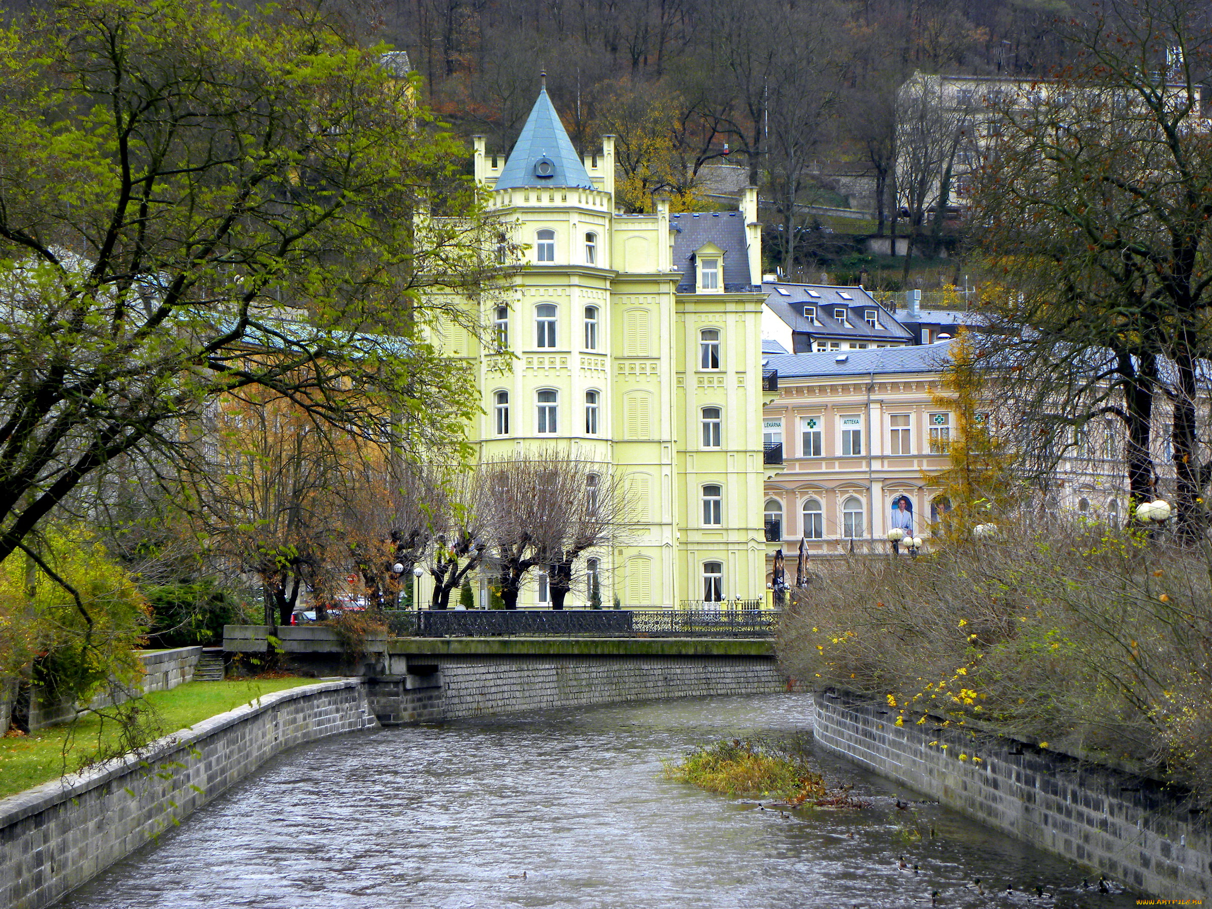 karlovy, vary, Чехия, города, здания, дома, река, набережная