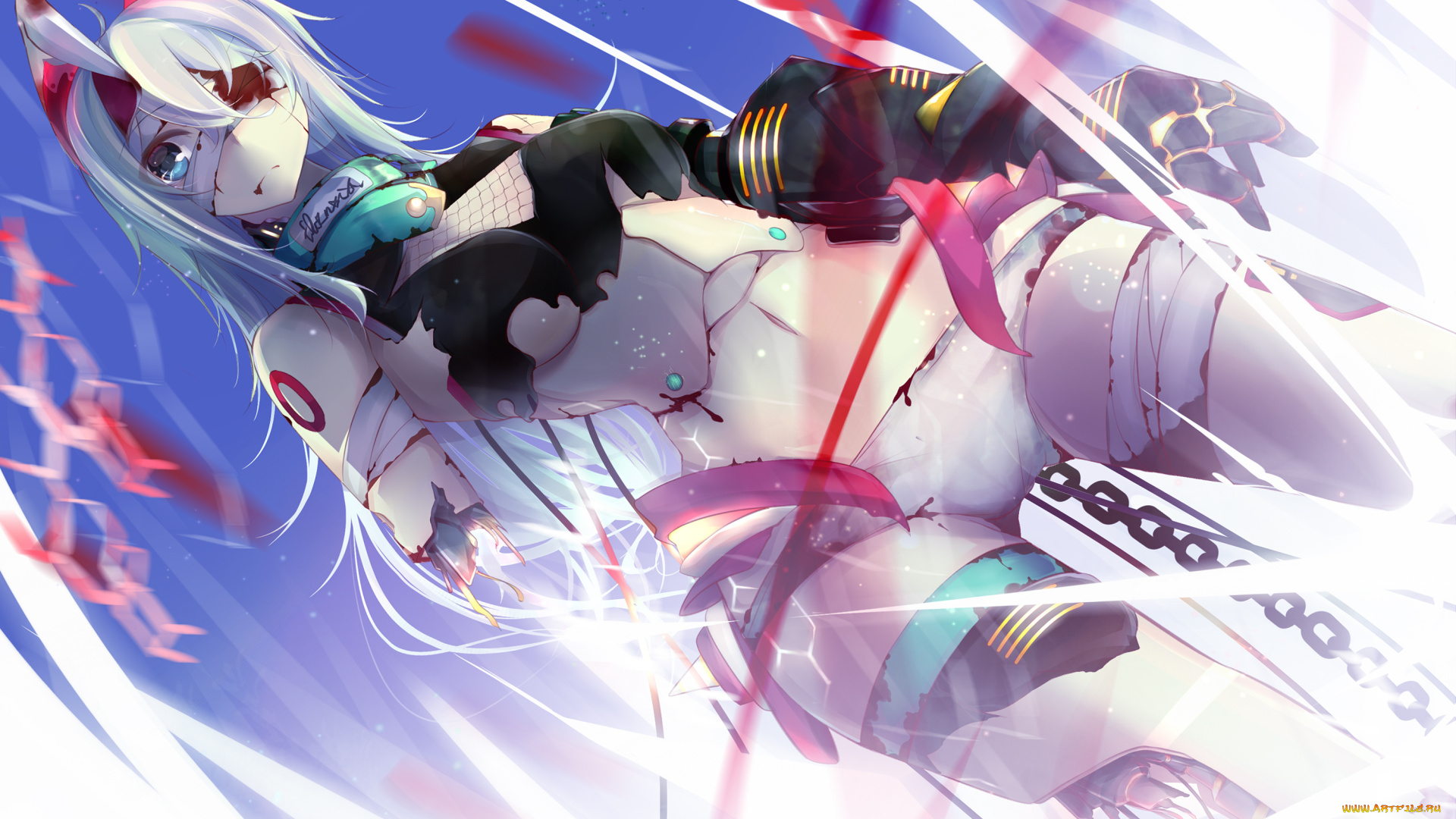 by, yotayotayota, аниме, weapon, blood, technology, киборг, девушка, кровь, бинт