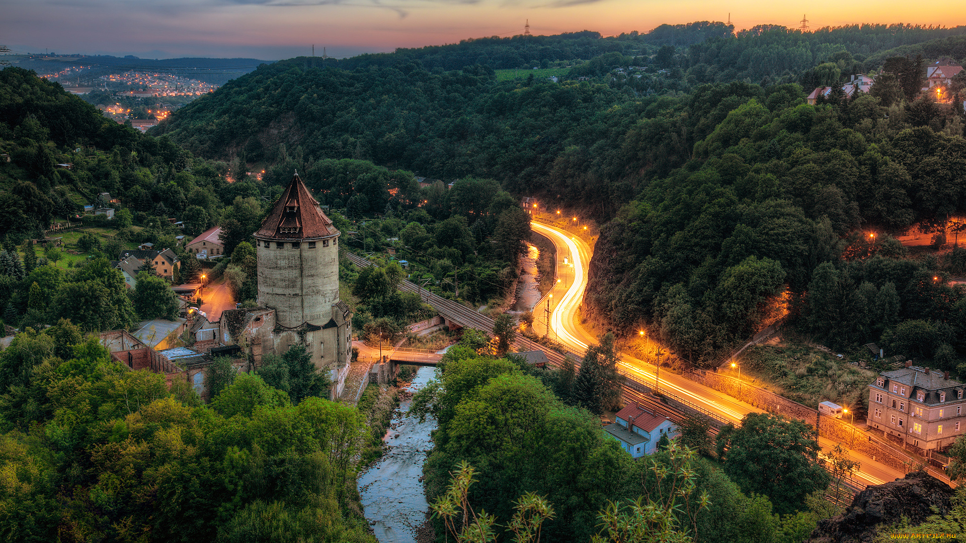 города, дворцы, замки, крепости, замок, деревья, дорога, вечер, freital, saxony, germany