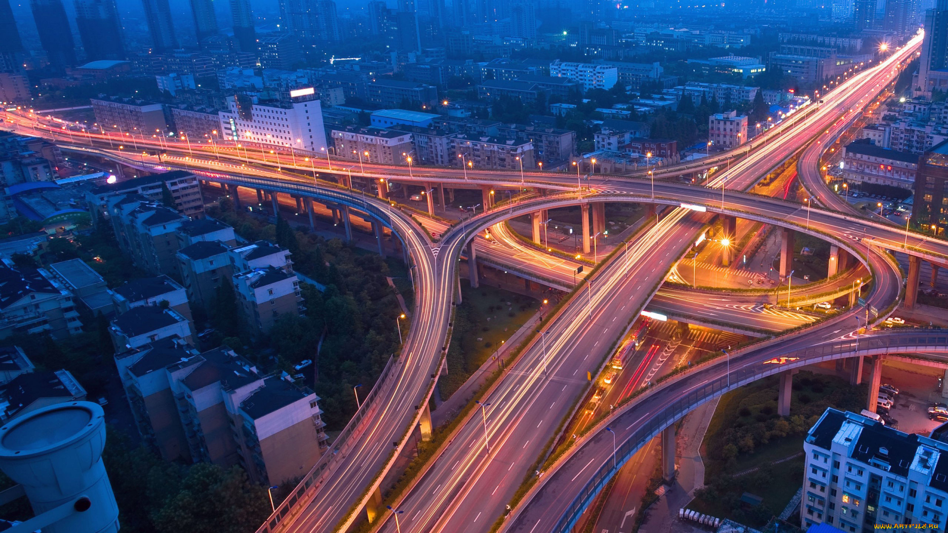 города, огни, ночного, город, трасса, эстакада, развязка