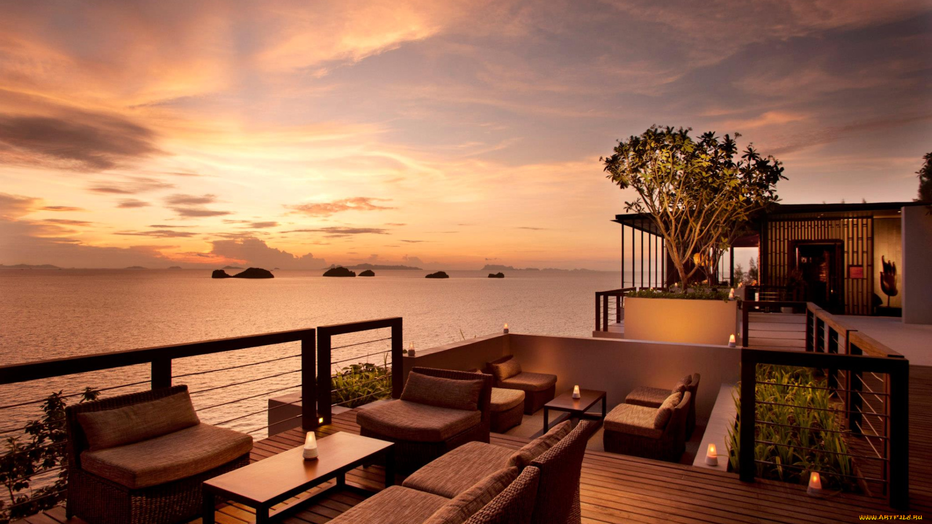 интерьер, веранды, террасы, балконы, океан, закат, веранда, столики, кресла, отдых