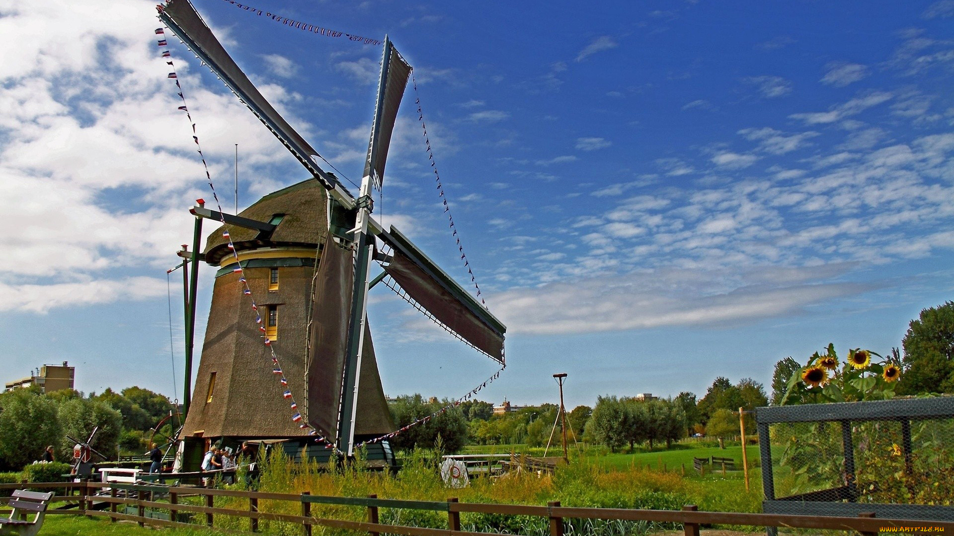 разное, мельницы, подсолнухи, флажки, мельница
