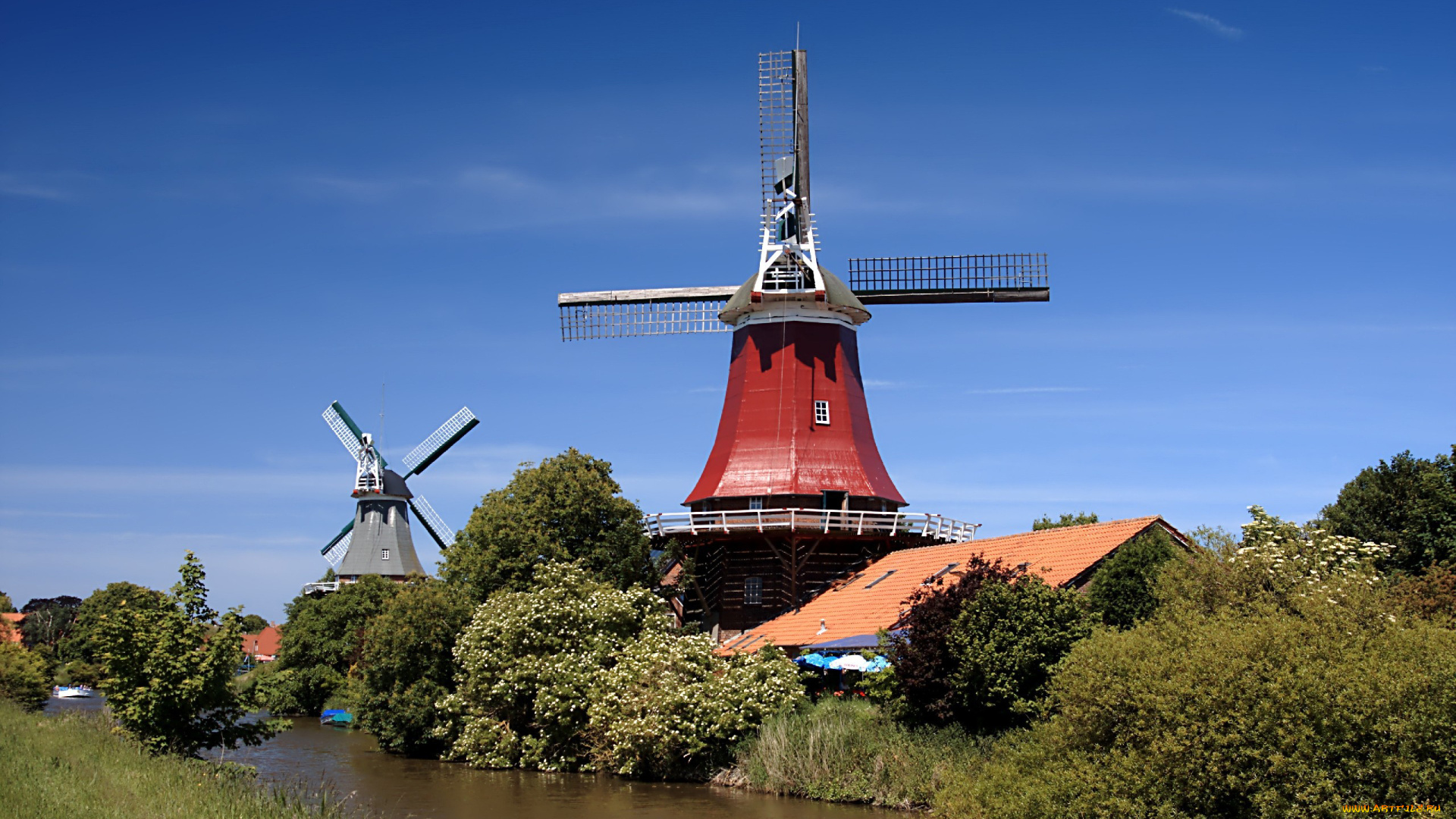 разное, мельницы, река, деревья, дом