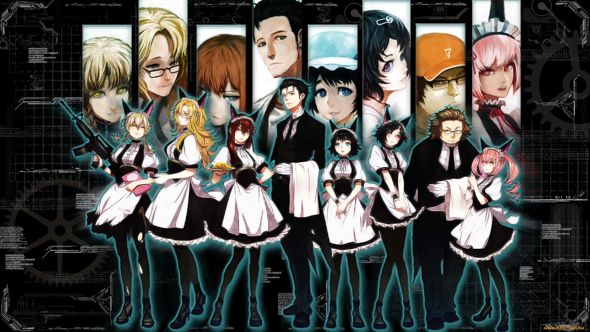 steins, gate, аниме, лица, официантки, девушки