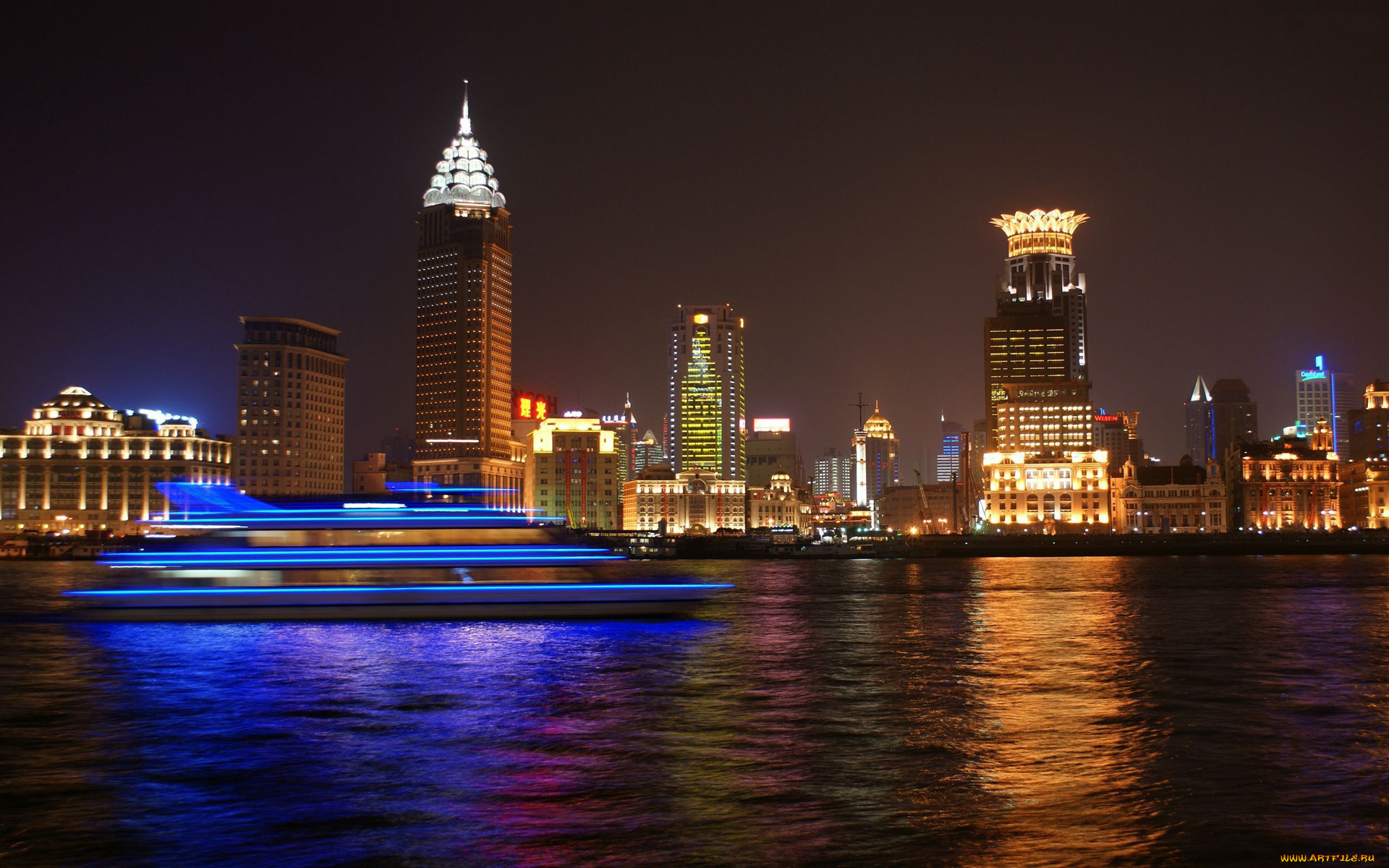 шанхай, города, китай, река, судно, город, ночь