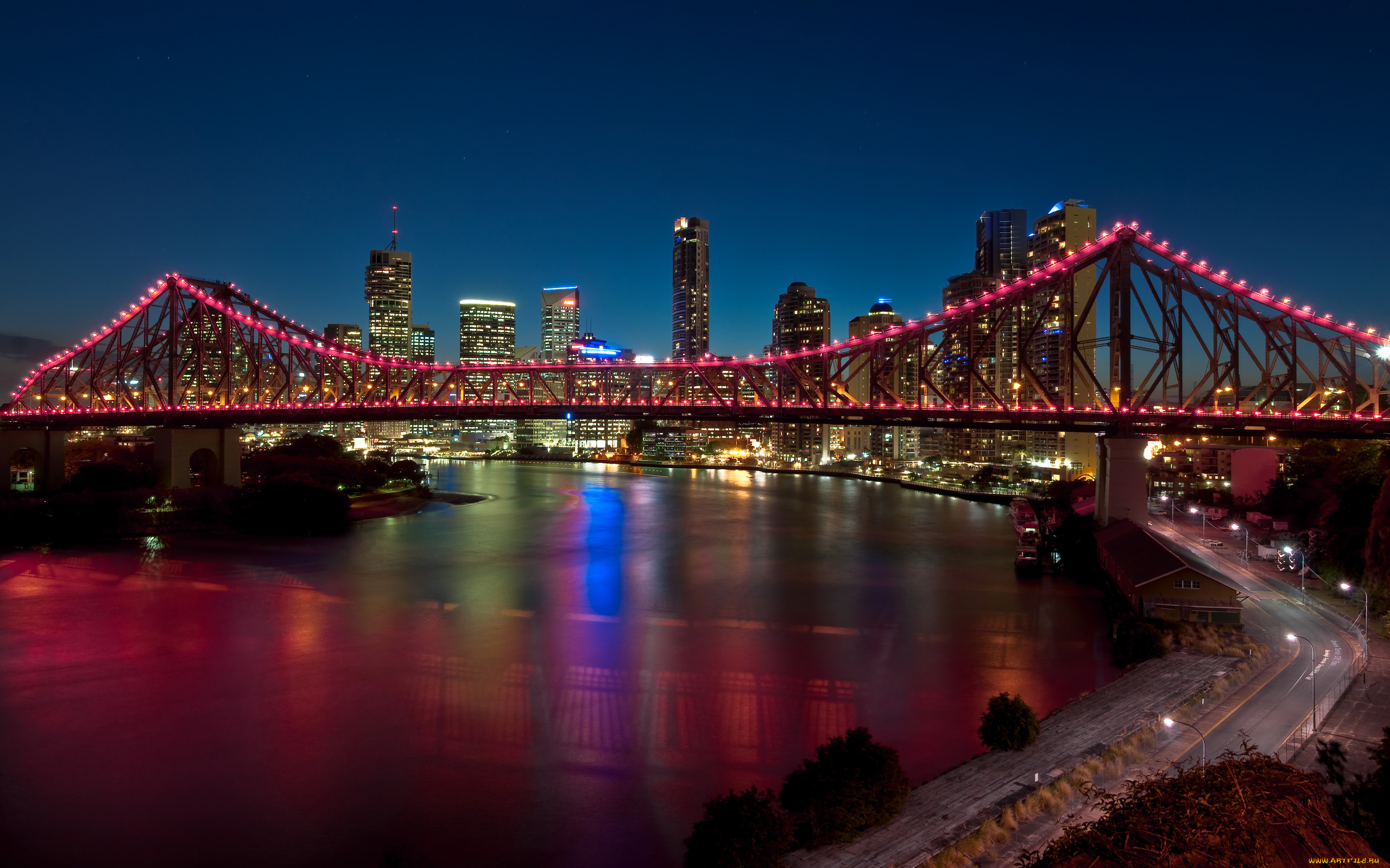 города, мосты, река, мост, огни, ночь, story, bridge, brisbane, australia