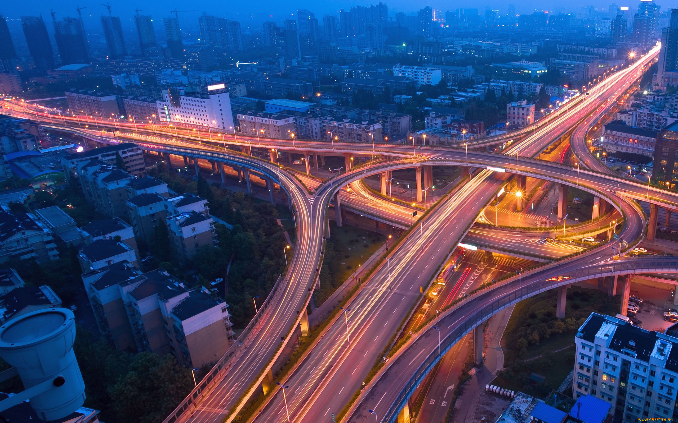 города, огни, ночного, город, трасса, эстакада, развязка