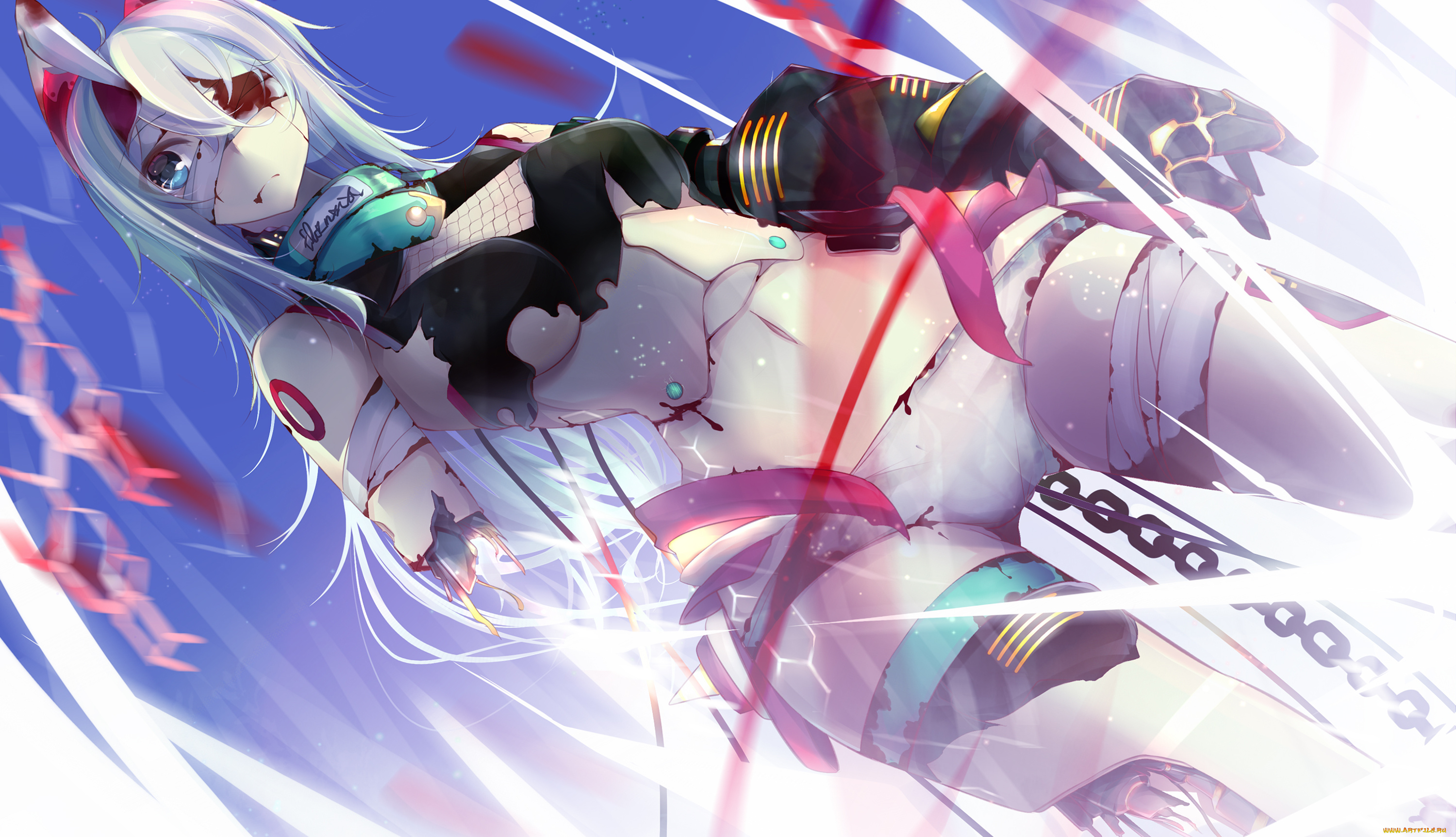 by, yotayotayota, аниме, weapon, blood, technology, киборг, девушка, кровь, бинт