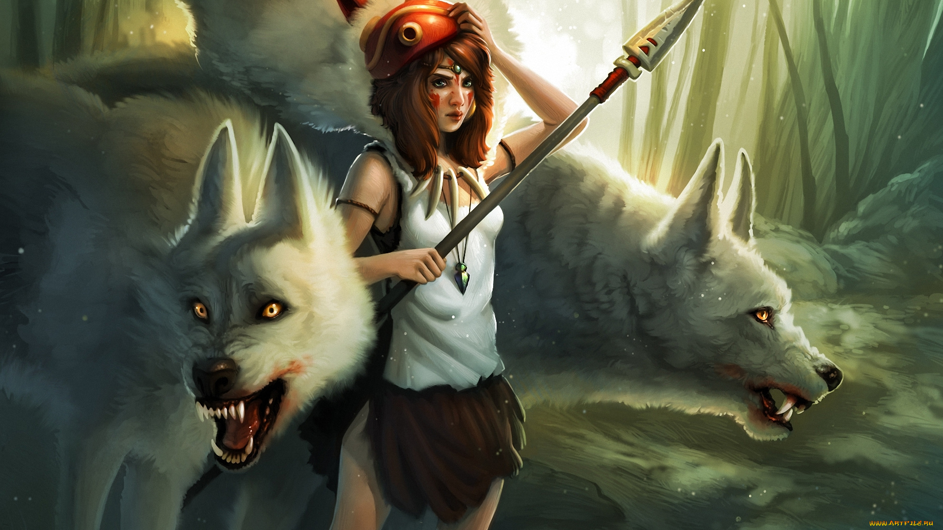 аниме, mononoke, hime, девушка, лес, арт, копье, маска, волки, кулон, принцесса, мононоке