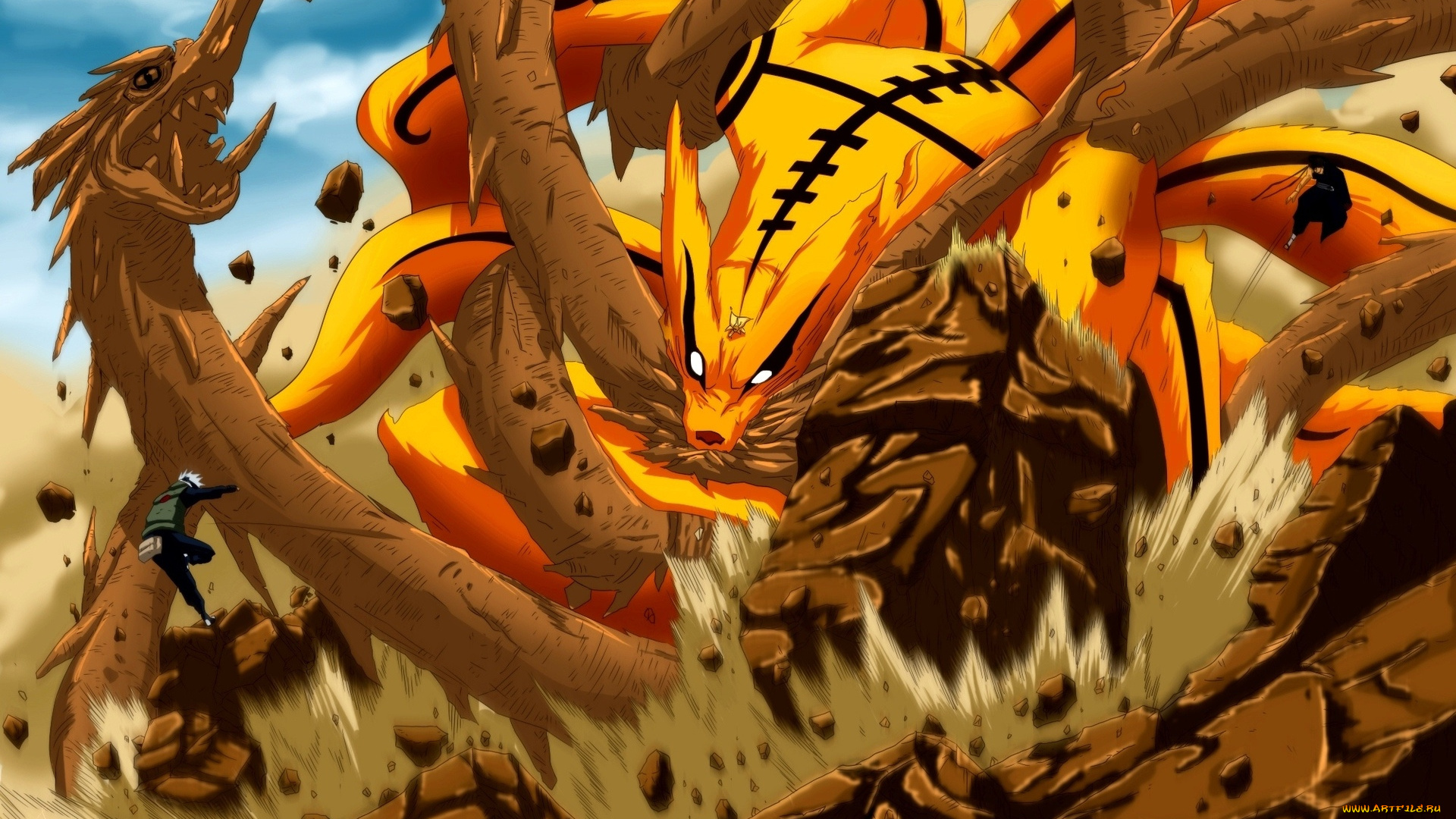 аниме, naruto, бой, какаси, кьюби, девятихвостый