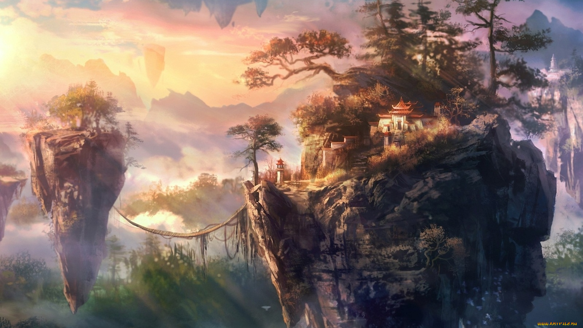 фэнтези, иные, миры, , иные, времена, пагода, острова, сооружения, парящие, летающие