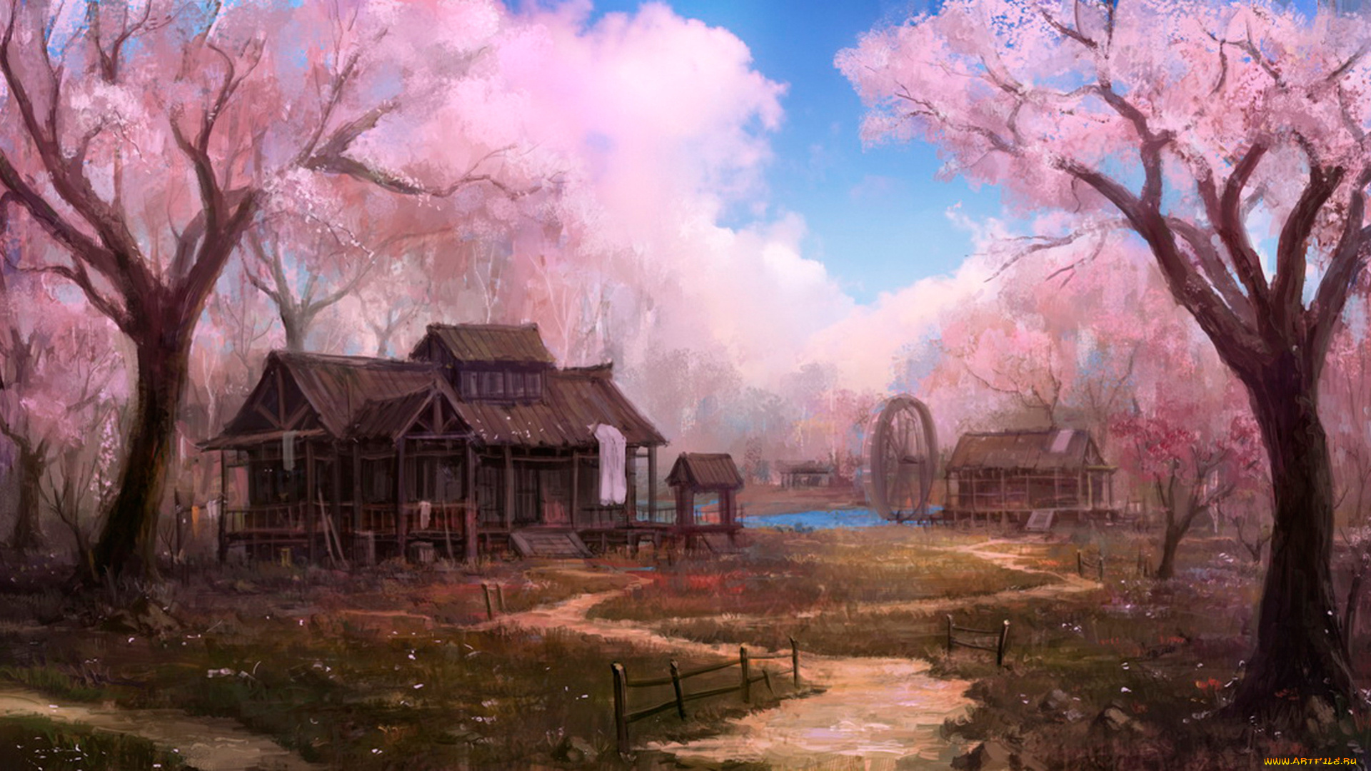 фэнтези, пейзажи, мельница, дом, сакура, тропинка, деревья