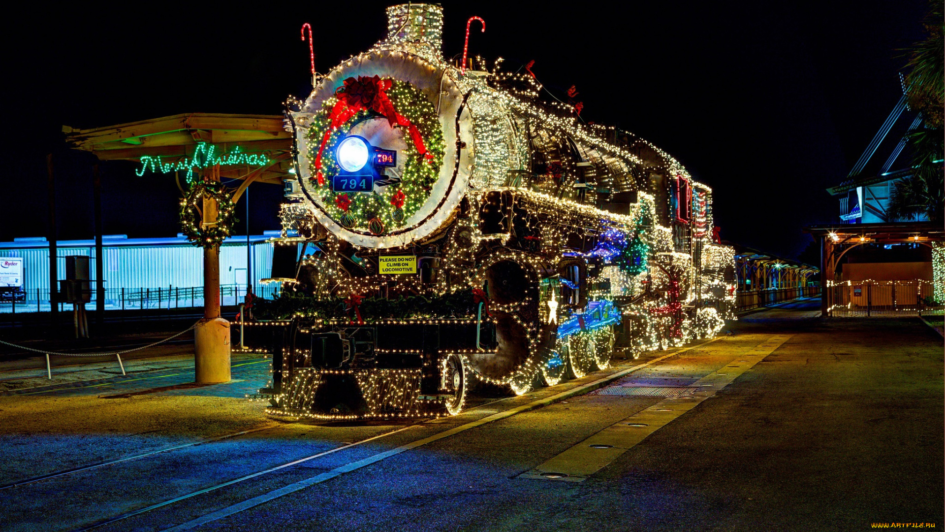 техника, паровозы, гирлянда, фонарики, паровоз, город, ночь