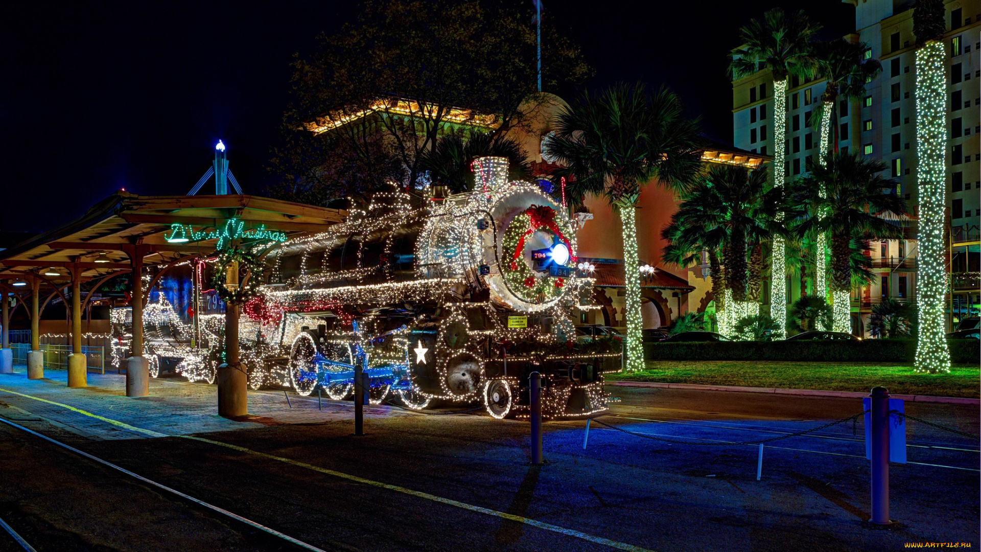 техника, паровозы, гирлянда, фонарики, паровоз, город, ночь