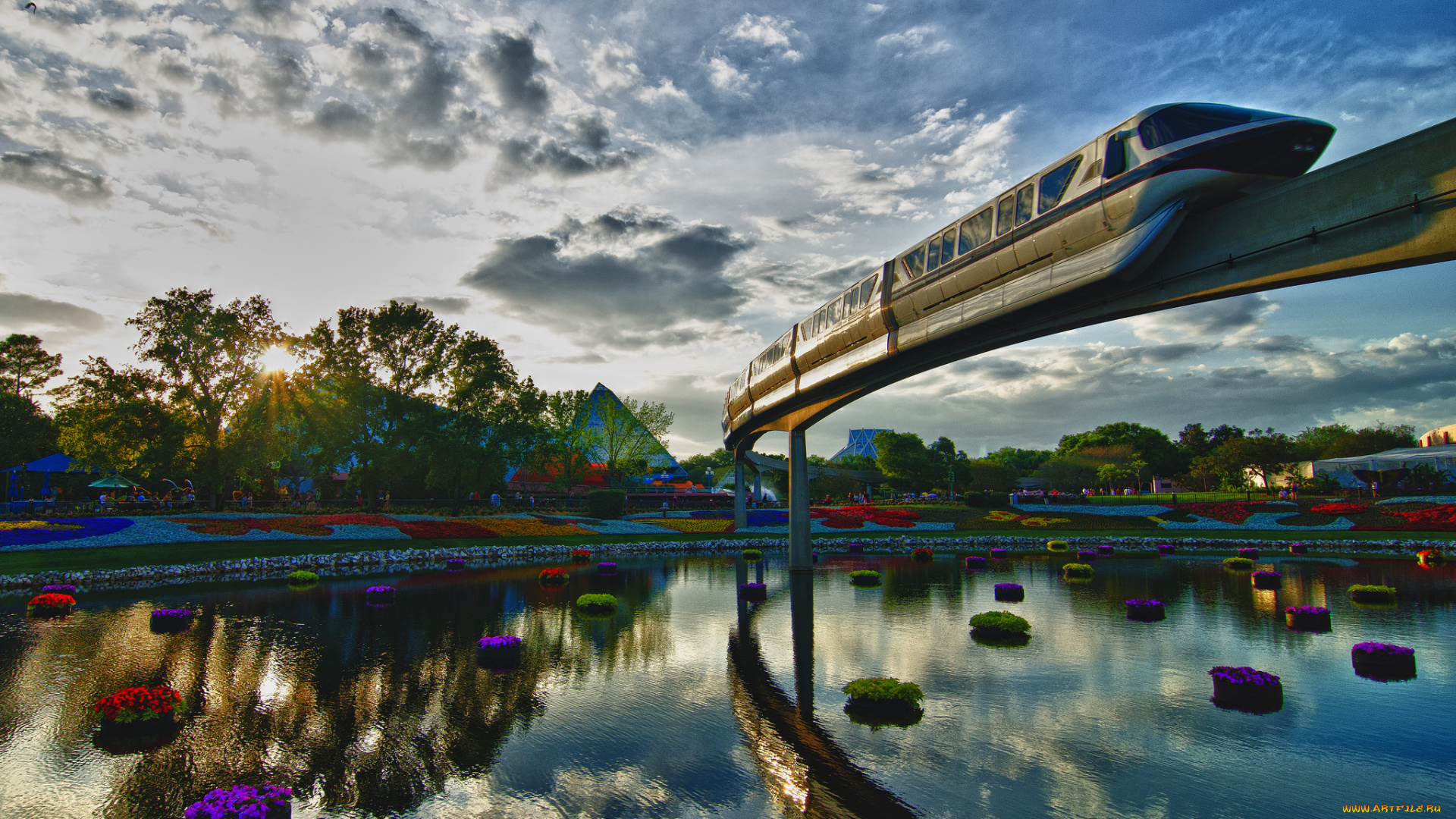 техника, поезда, монорельс, эстакада, река, парк, поезд