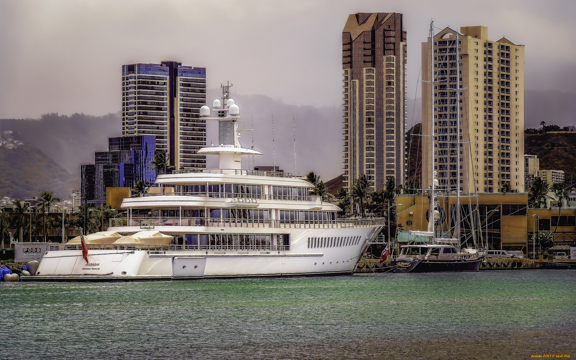 superyacht, musashi, корабли, Яхты, honolulu, musashi, гонолулу, hawaii, гавайи, причал, яхты, здания, hdr