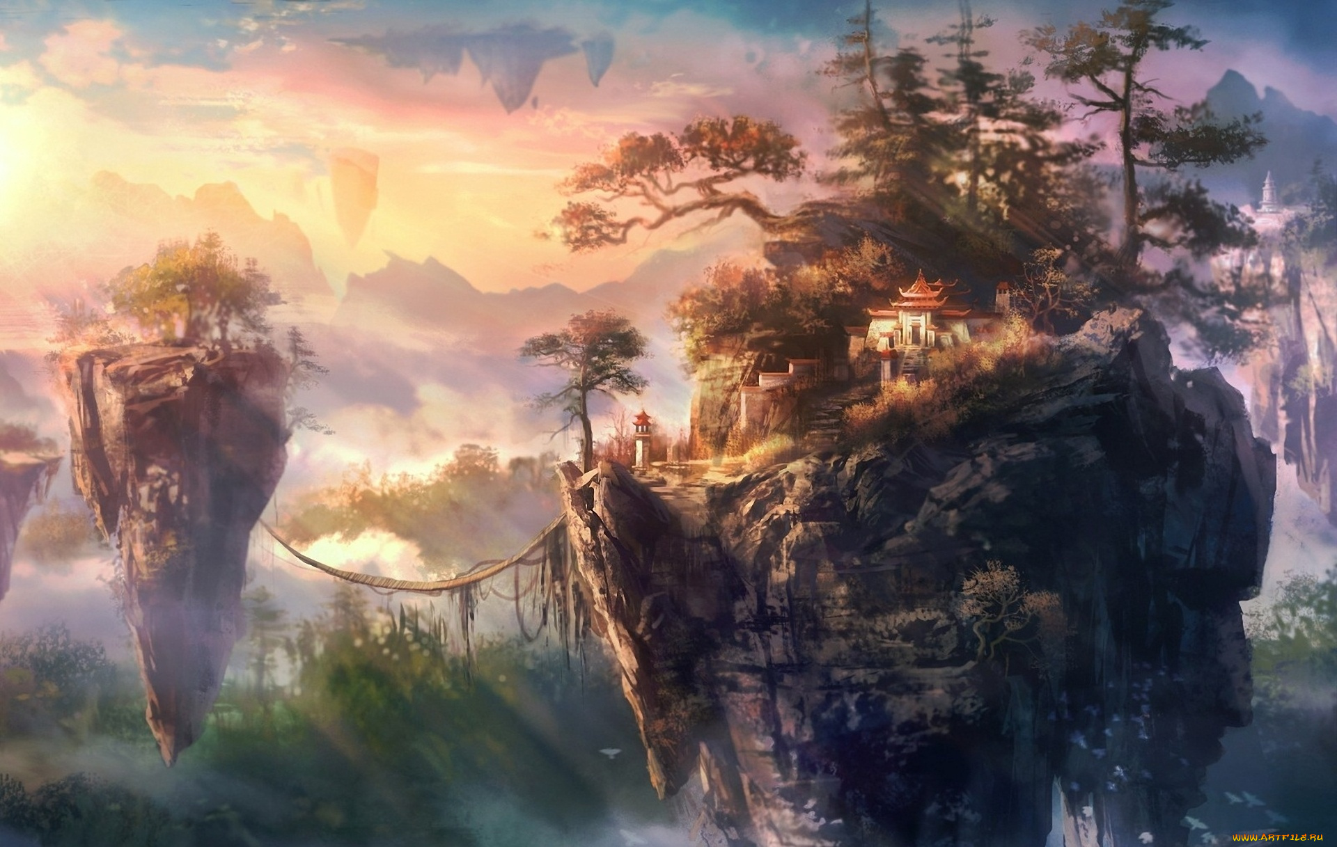 фэнтези, иные, миры, , иные, времена, пагода, острова, сооружения, парящие, летающие