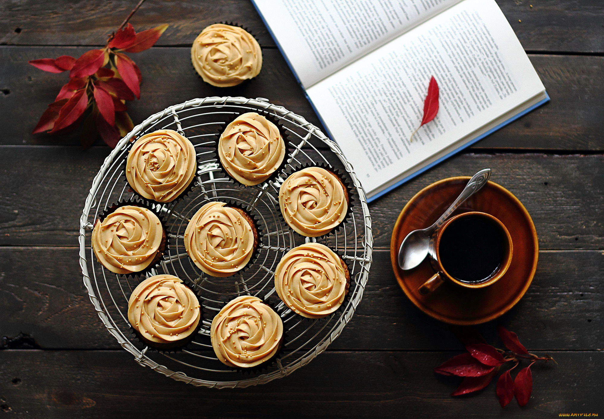 еда, разное, листья, кофе, книга, кексы