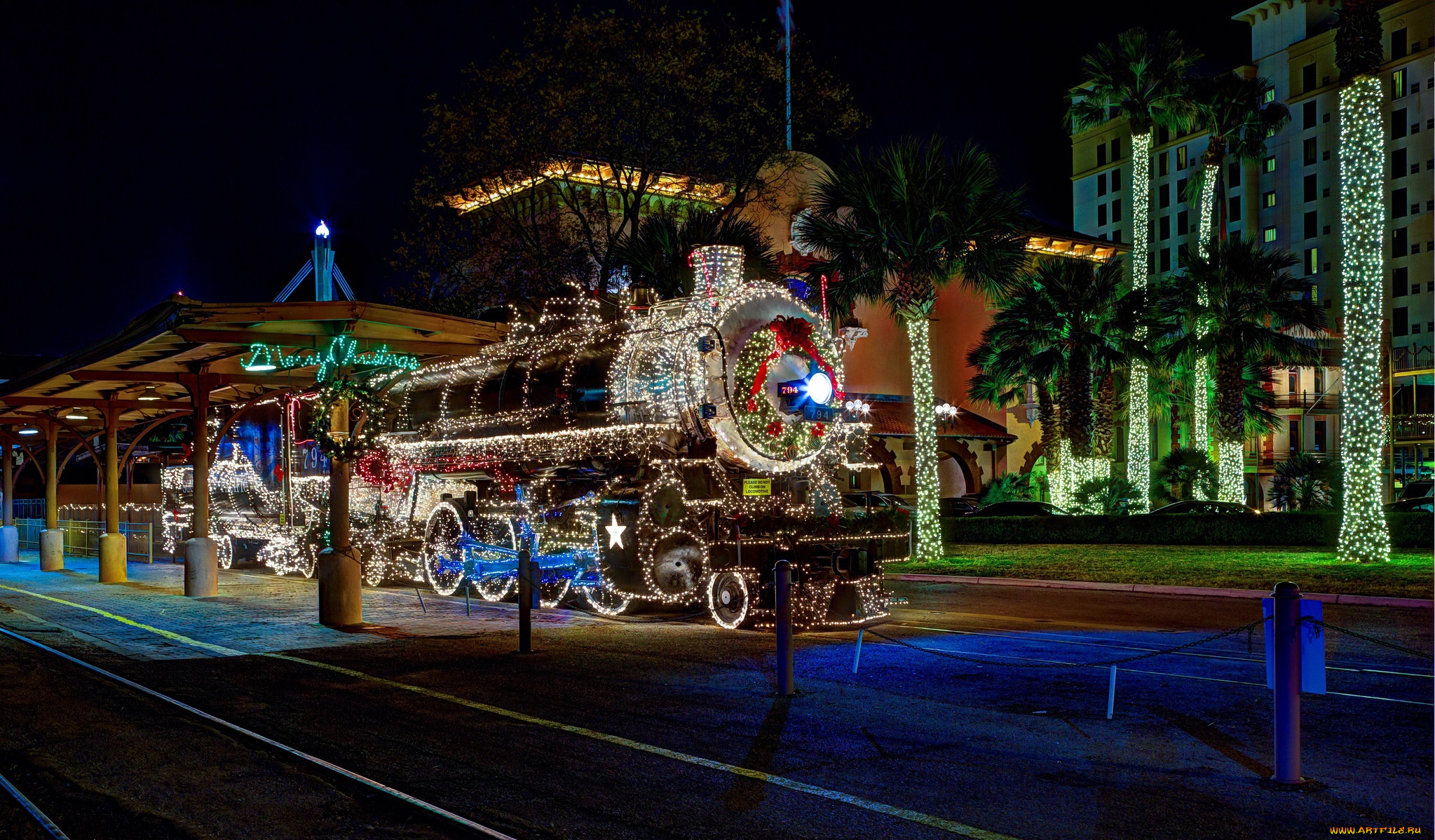 техника, паровозы, гирлянда, фонарики, паровоз, город, ночь