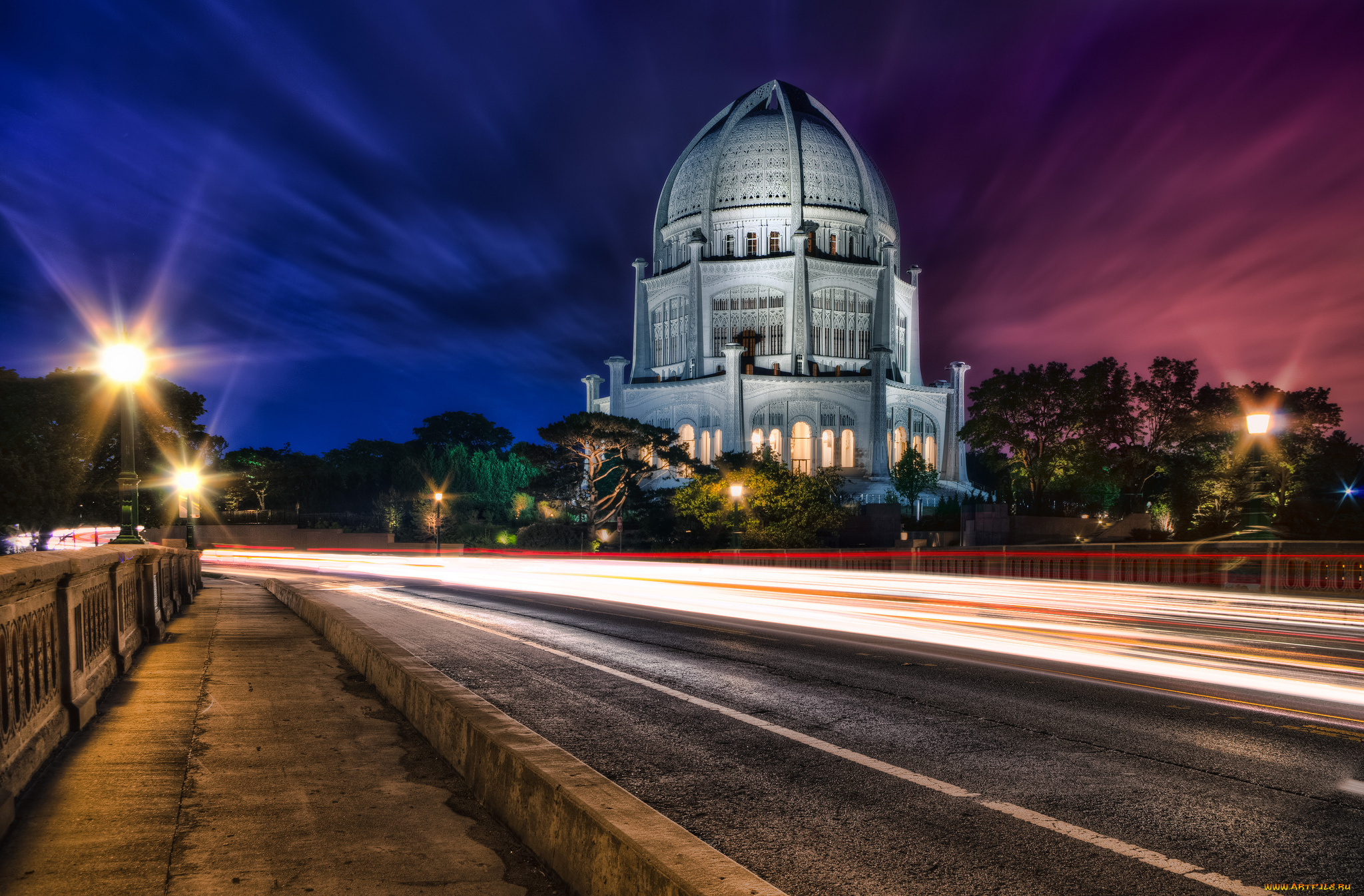 города, -, буддистские, и, другие, храмы, огни, мост, ночь