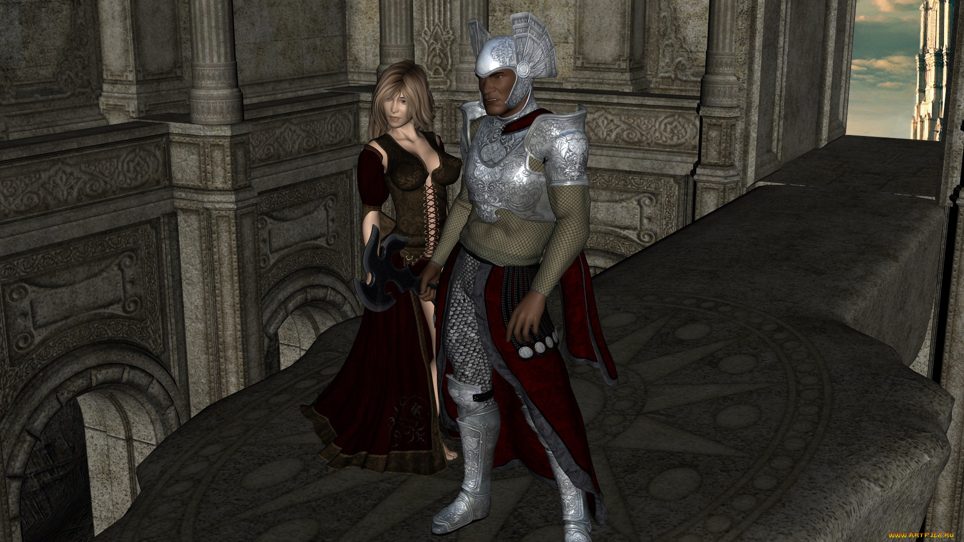 3д, графика, фантазия, , fantasy, фон, взгляд, девушка, рыцарь