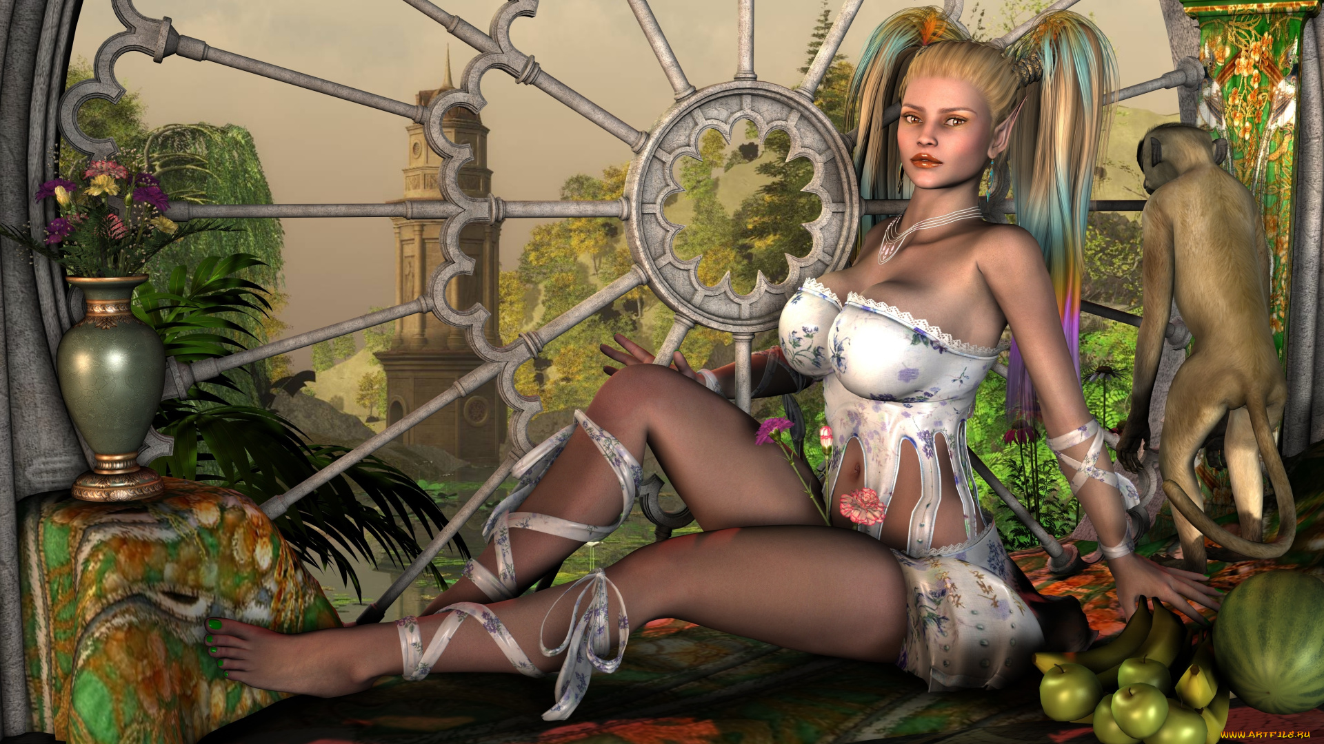 3д, графика, люди, , people, взгляд, девушка, амфора, обезьяна, фрукты, фон