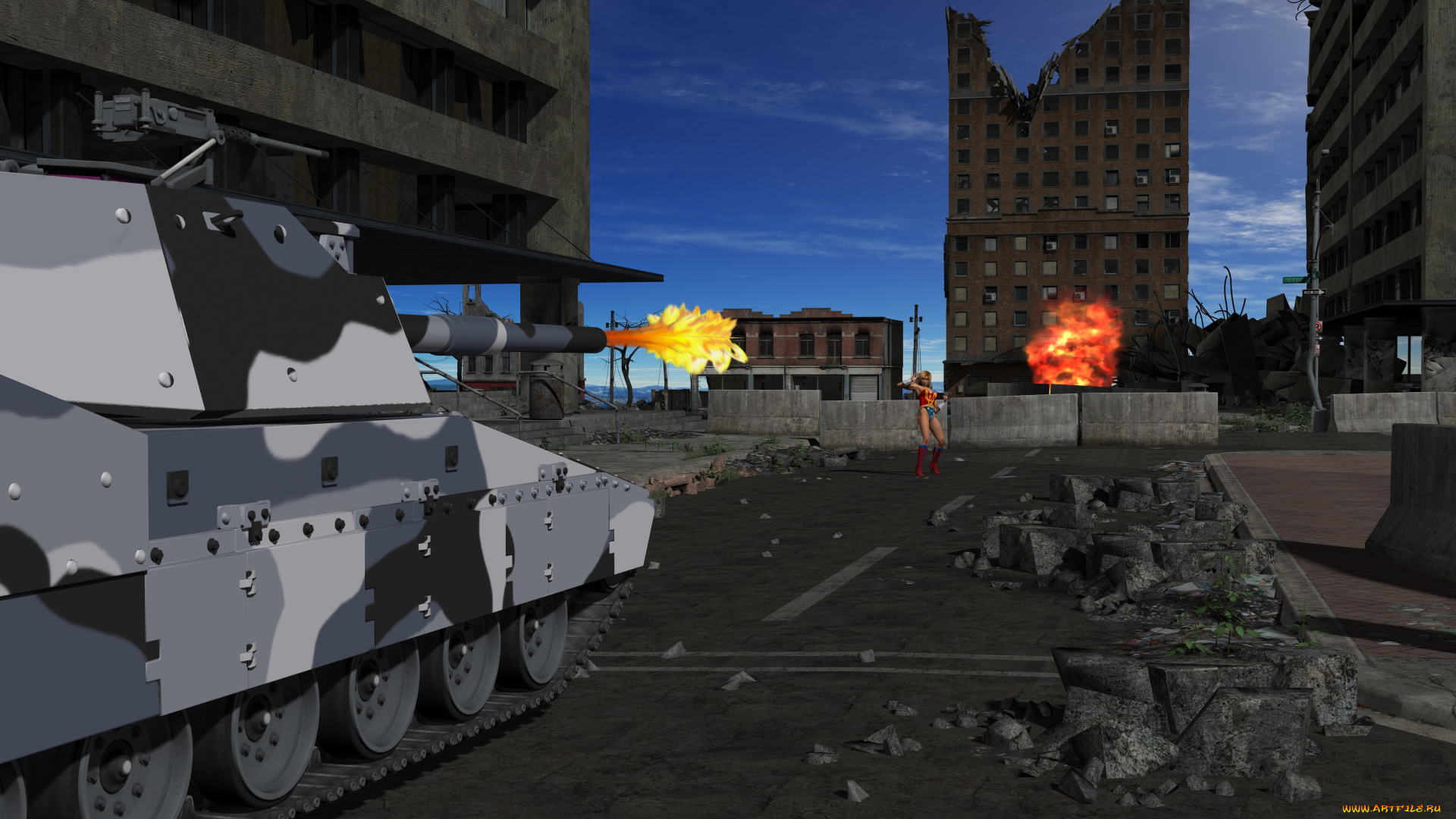 amazon, arrow, 3д, графика, фантазия, , fantasy, девушка, взгляд, фон, танк, выстрел