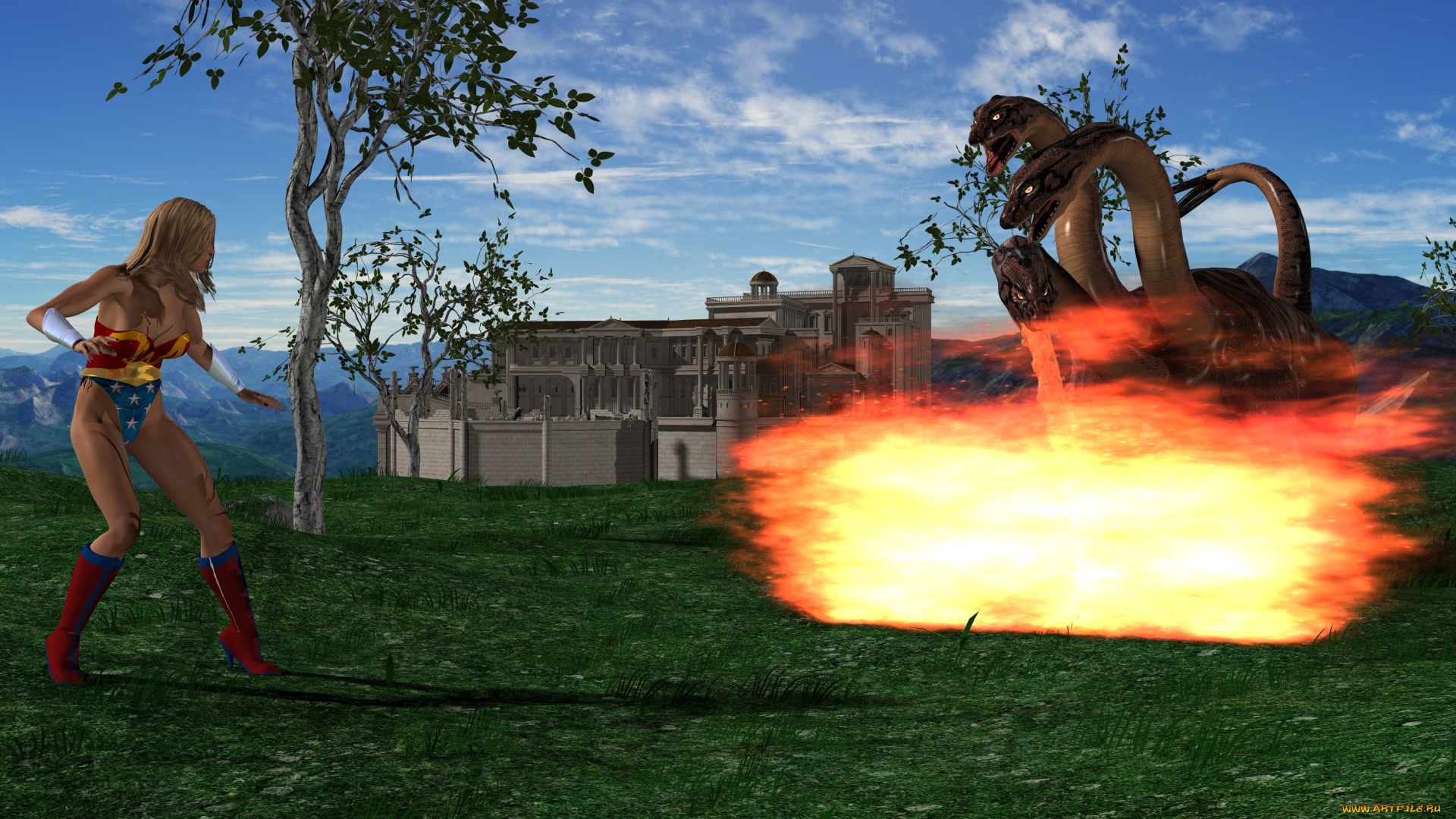 amazon, arrow, 3д, графика, фантазия, , fantasy, девушка, взгляд, фон, дракон, огонь