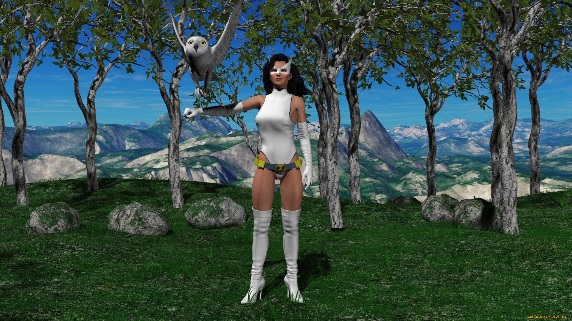 amazon, arrow, 3д, графика, фантазия, , fantasy, девушка, взгляд, фон, природа, сова