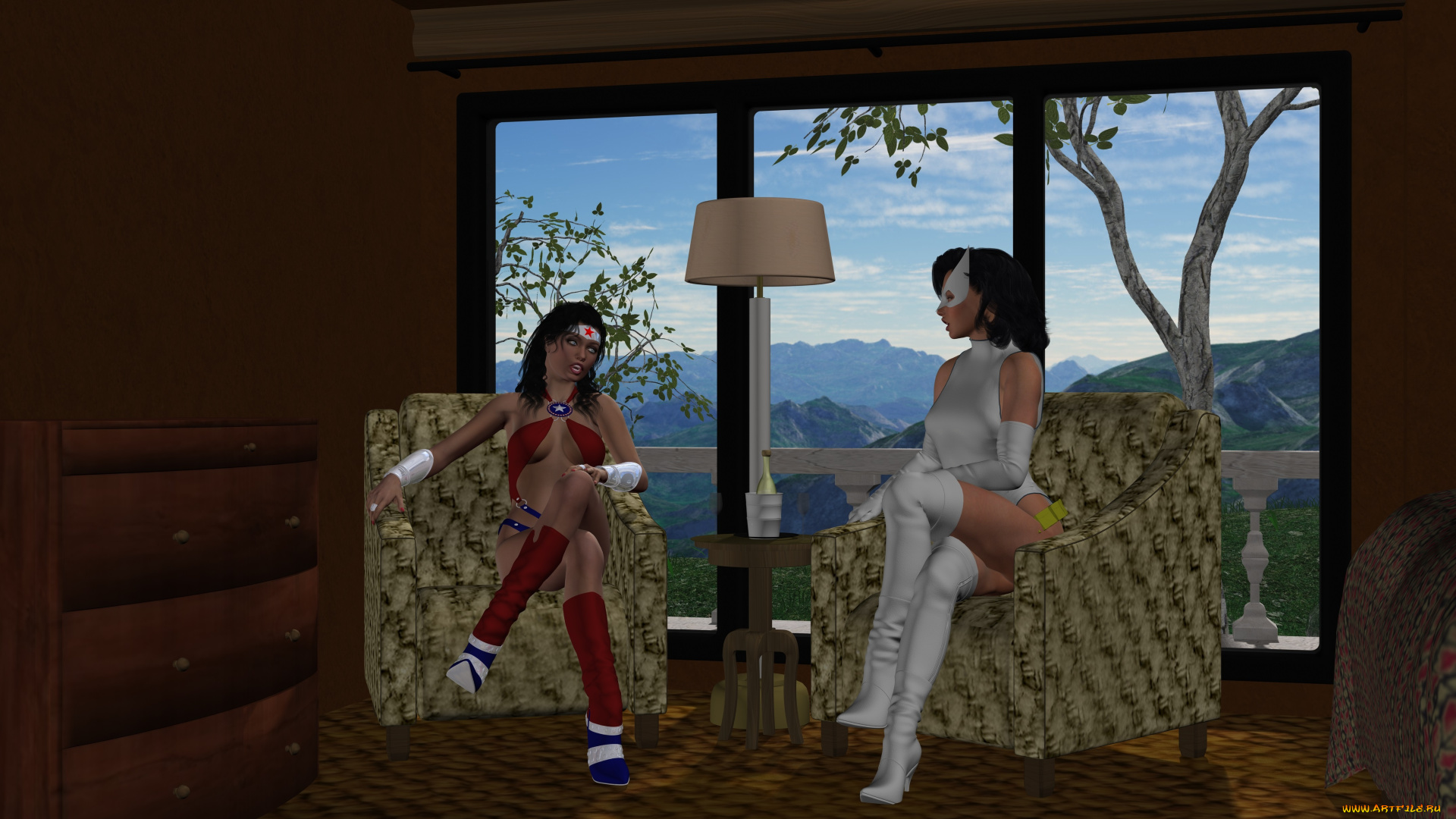 amazon, arrow, 3д, графика, фантазия, , fantasy, девушки, взгляд, фон, разговор