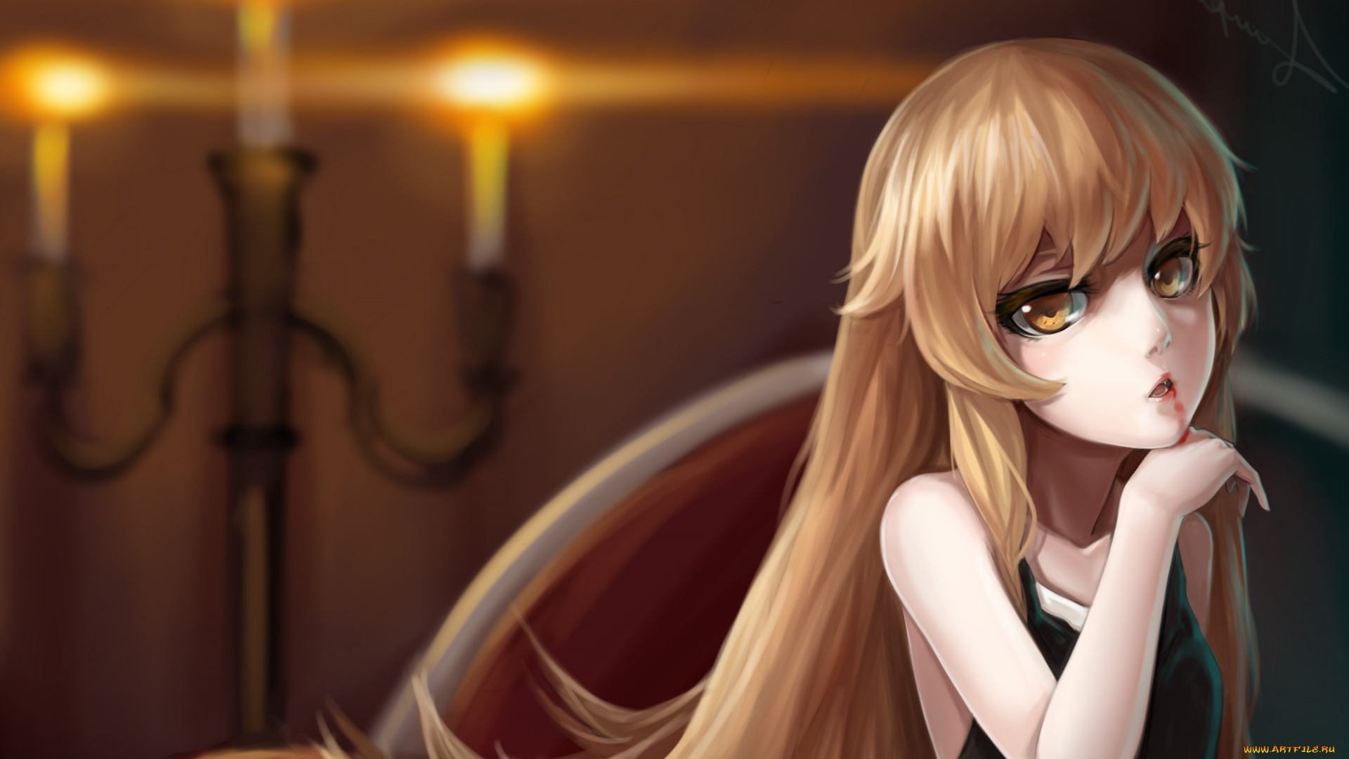 аниме, bakemonogatari, tsukimonogatari, oshino, shinobu, fuuko, chan, арт, девушка, блондинка, взгляд, платье, свечи, подсвечник, кровь