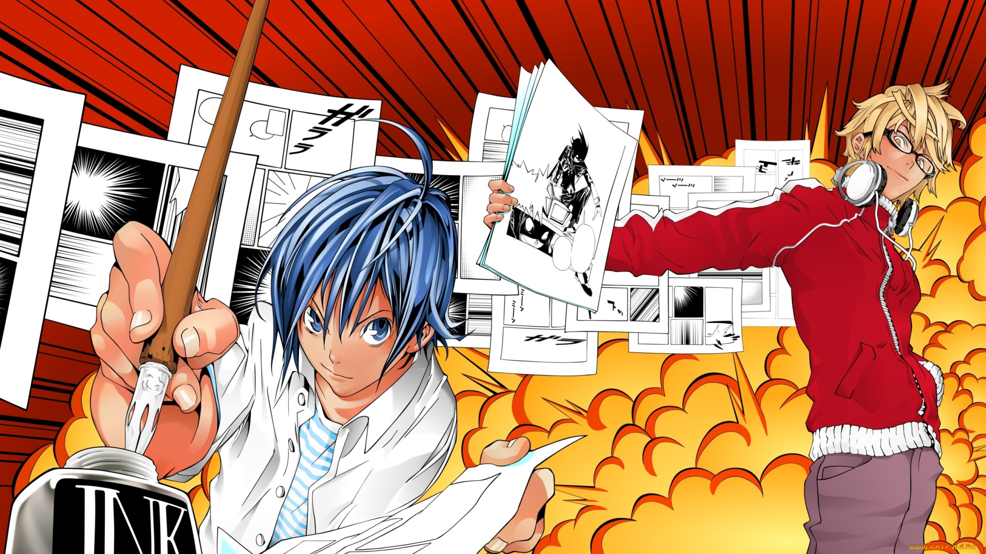 аниме, bakuman, mashiro, moritaka, маширо, листы, манга, авторы, парни, akito, takagi, бакуман