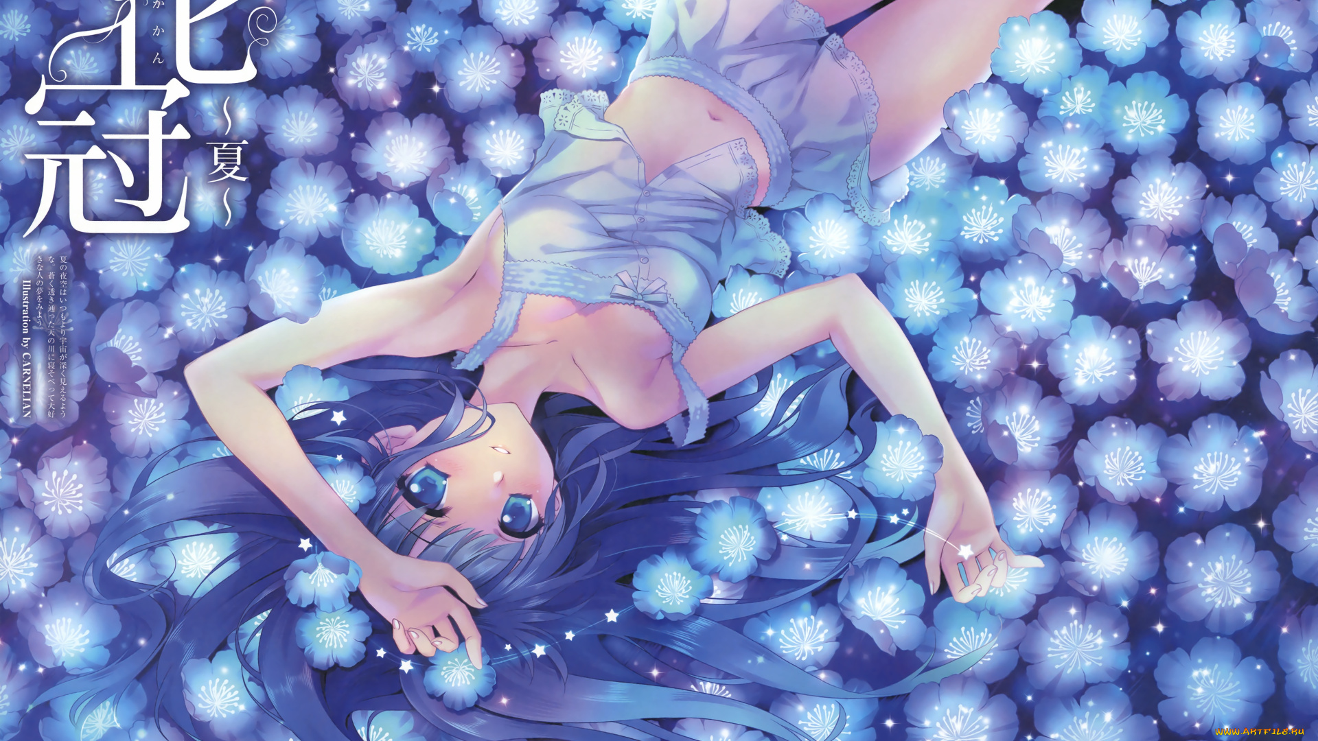 аниме, carnelian, вода, цветы, взгляд, девушка, арт