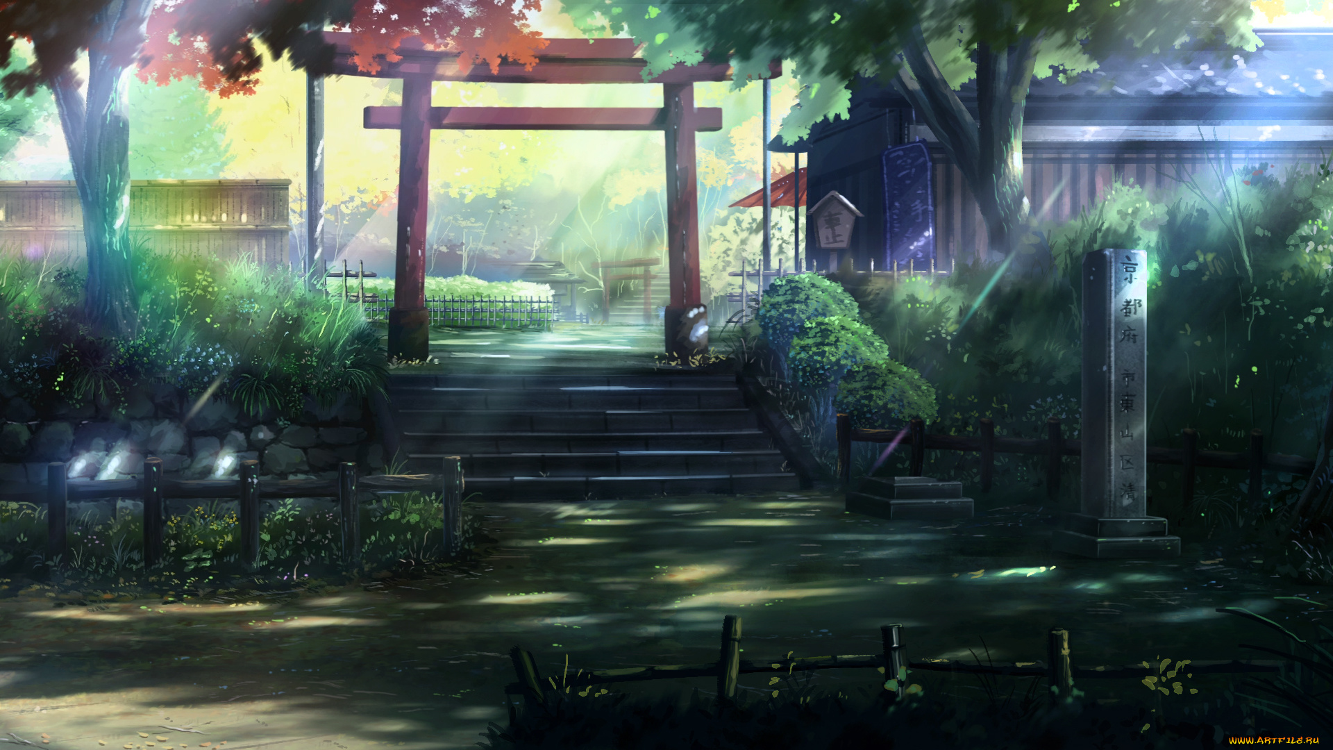 аниме, город, , улицы, , здания, трава, улица, растения, деревья