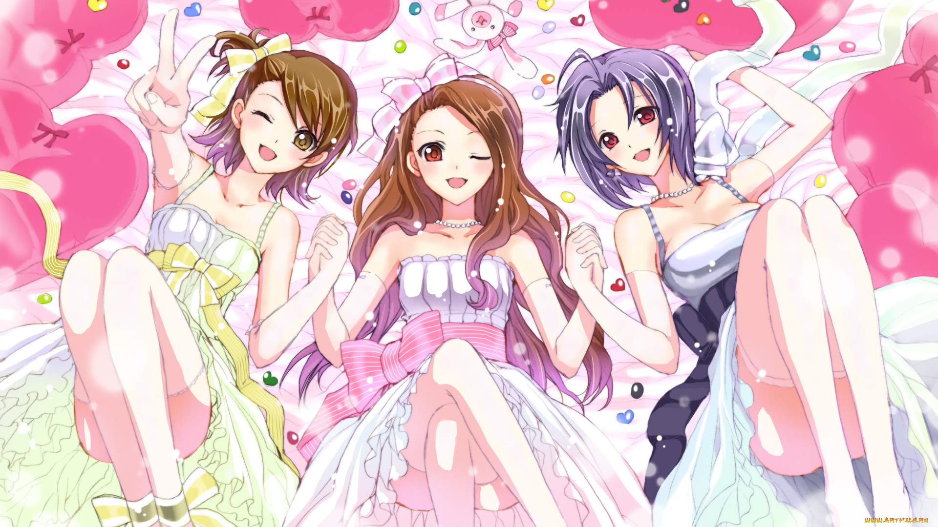 аниме, idolm@ster, сердечки, idolmaster, futami, ami, kabkin, девушки, банты, игрушки, minase, iori, miura, azusa