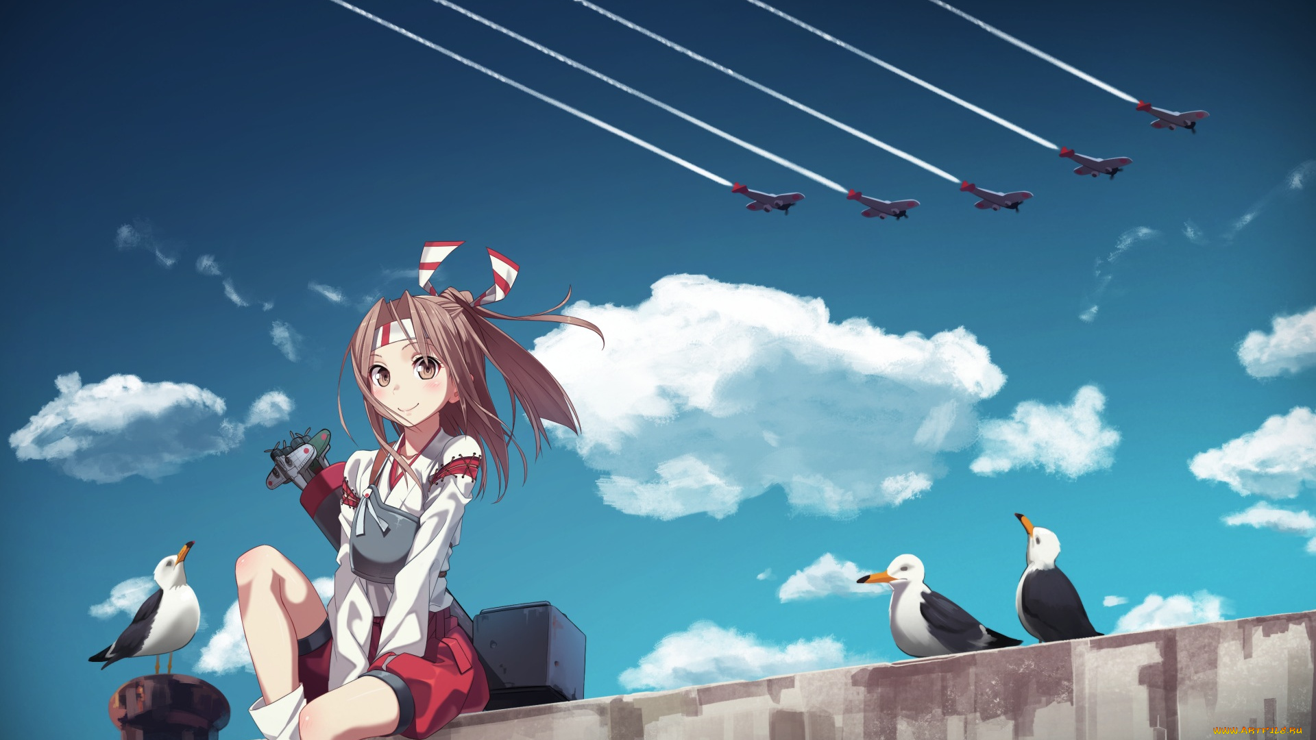аниме, kantai, collection, kantai, collection, небо, девушка, самолёты, zuihou, yunamul, чайки, kancolle, equipments, fairy