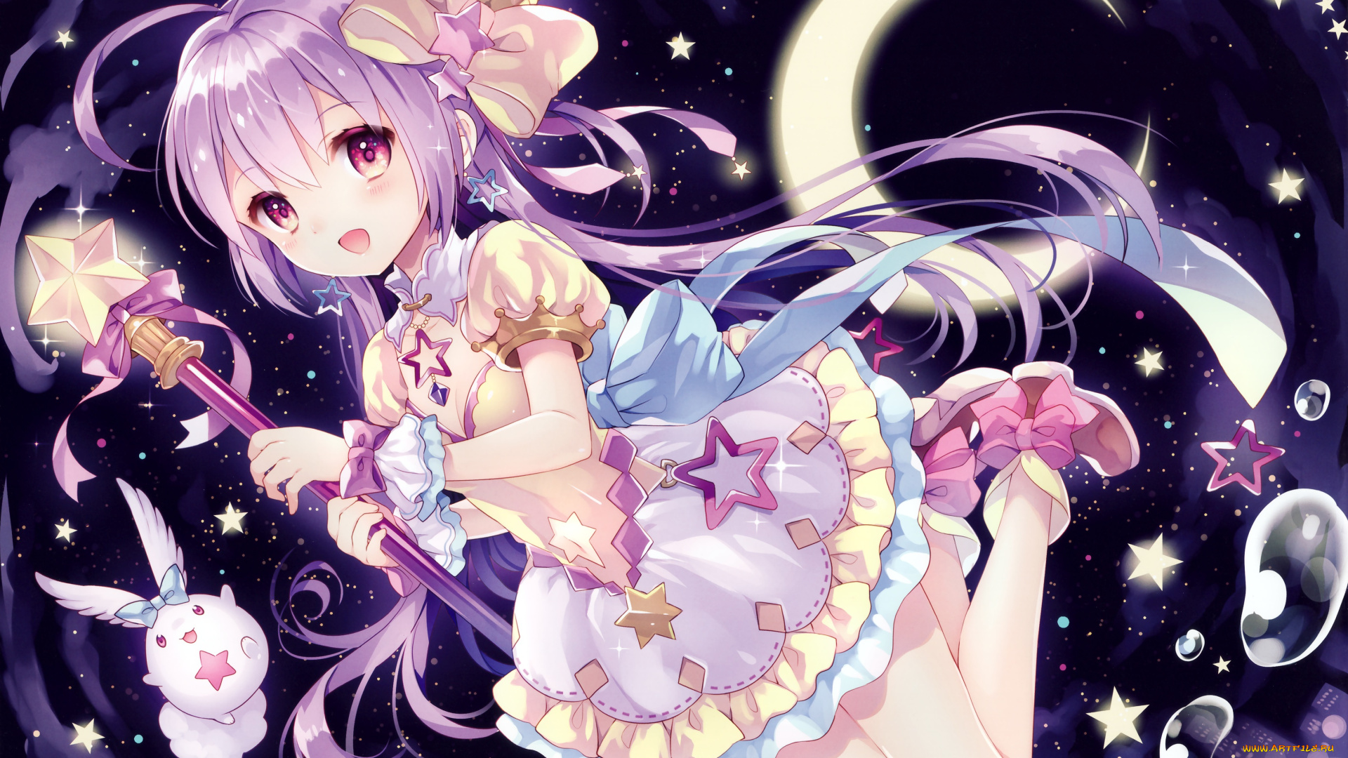 аниме, магия, , колдовство, , halloween, wasabi, sekai, зверёк, волшебная, палочка, месяц, космос, девушка, арт