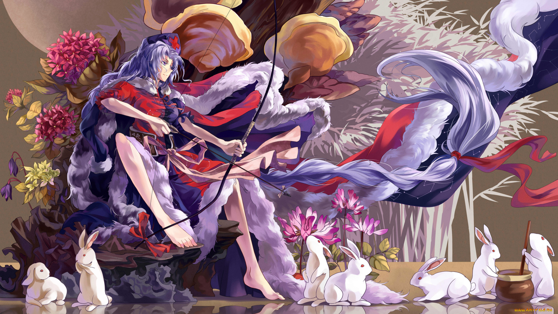 аниме, оружие, , техника, , технологии, дерево, стрела, цветы, лук, крест, мех, кролики, абстракция, девушка, арт