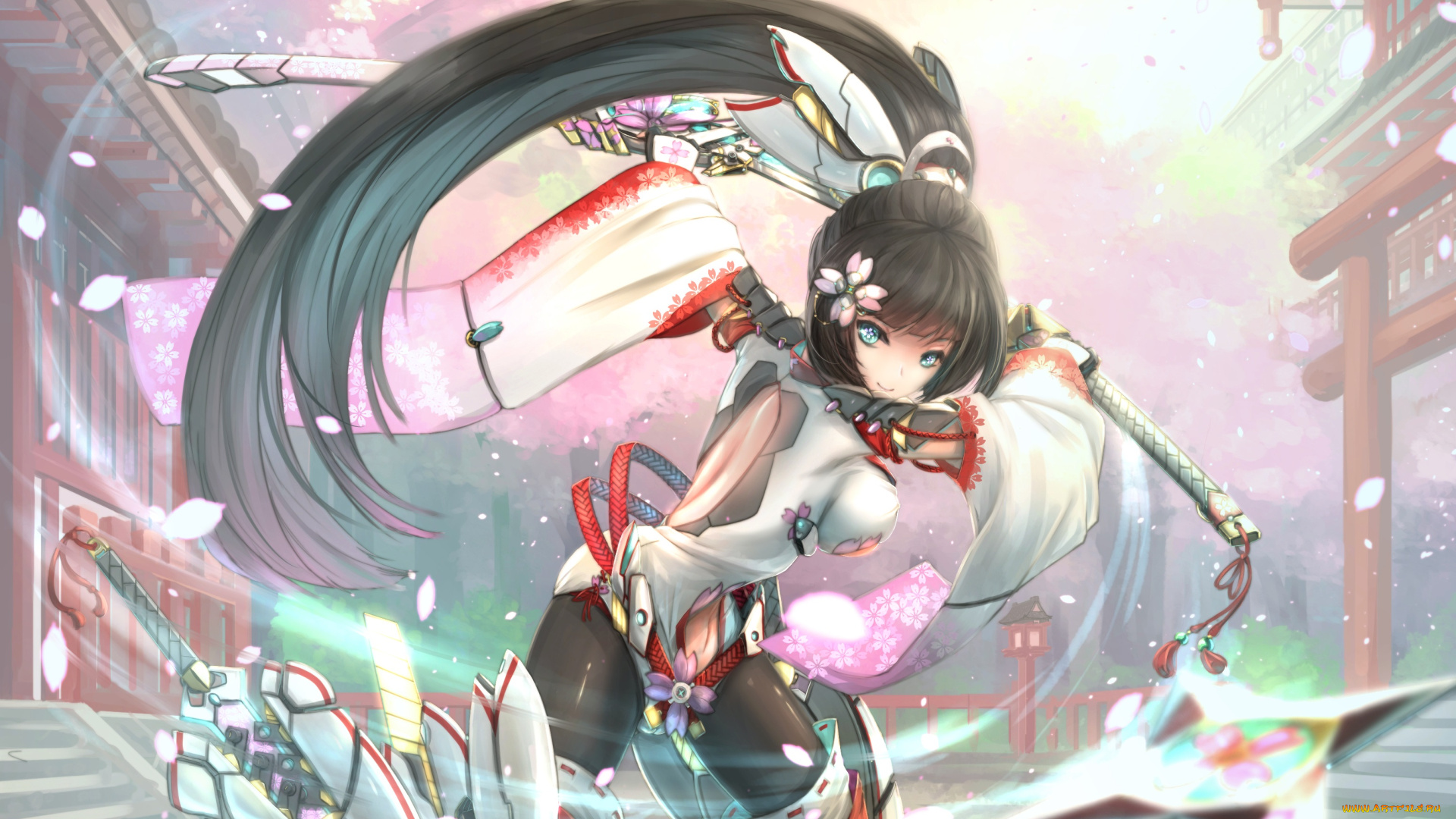 аниме, оружие, , техника, , технологии, лепестки, арт, kikivi, взгляд, цветы, мечи, волосы, девушка