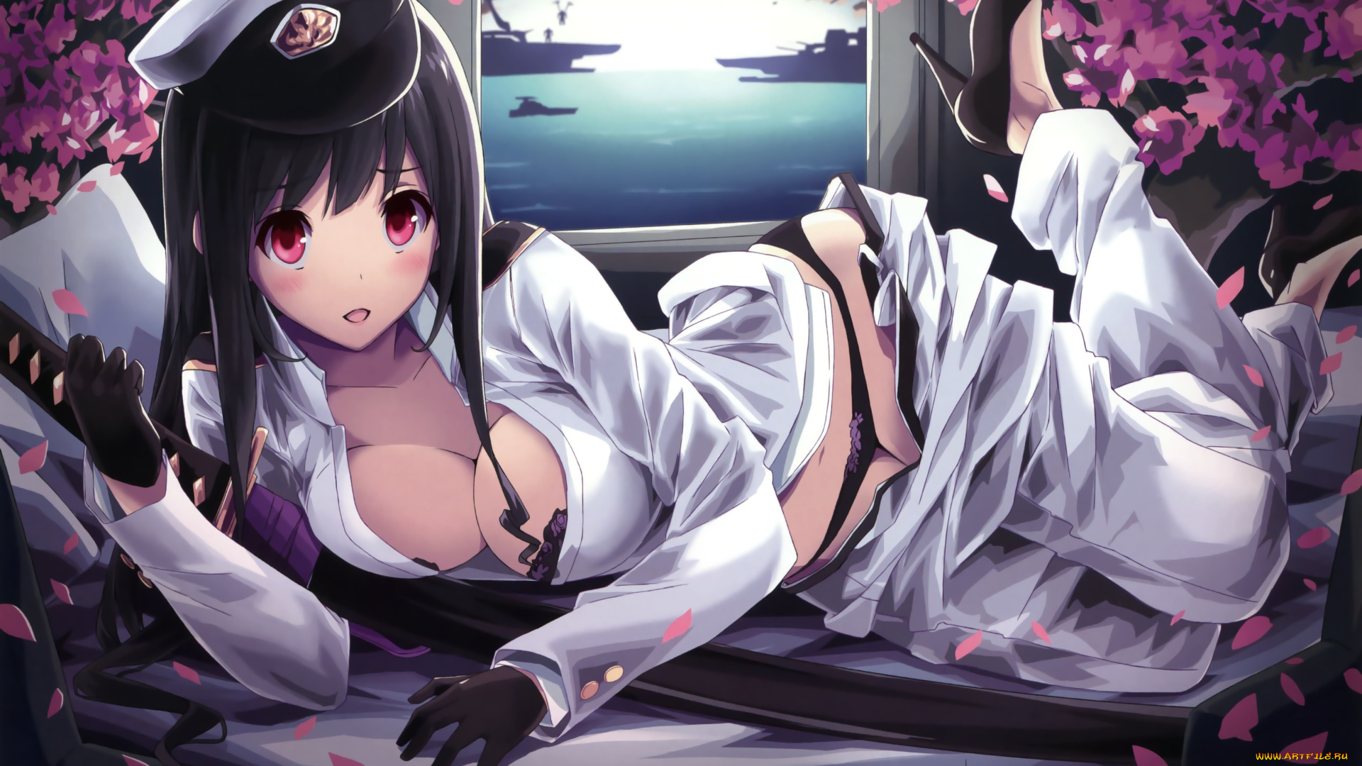 аниме, оружие, , техника, , технологии, mikoto, akemi, арт, девушка, цветы, кепка, взгляд, меч, брюнетка