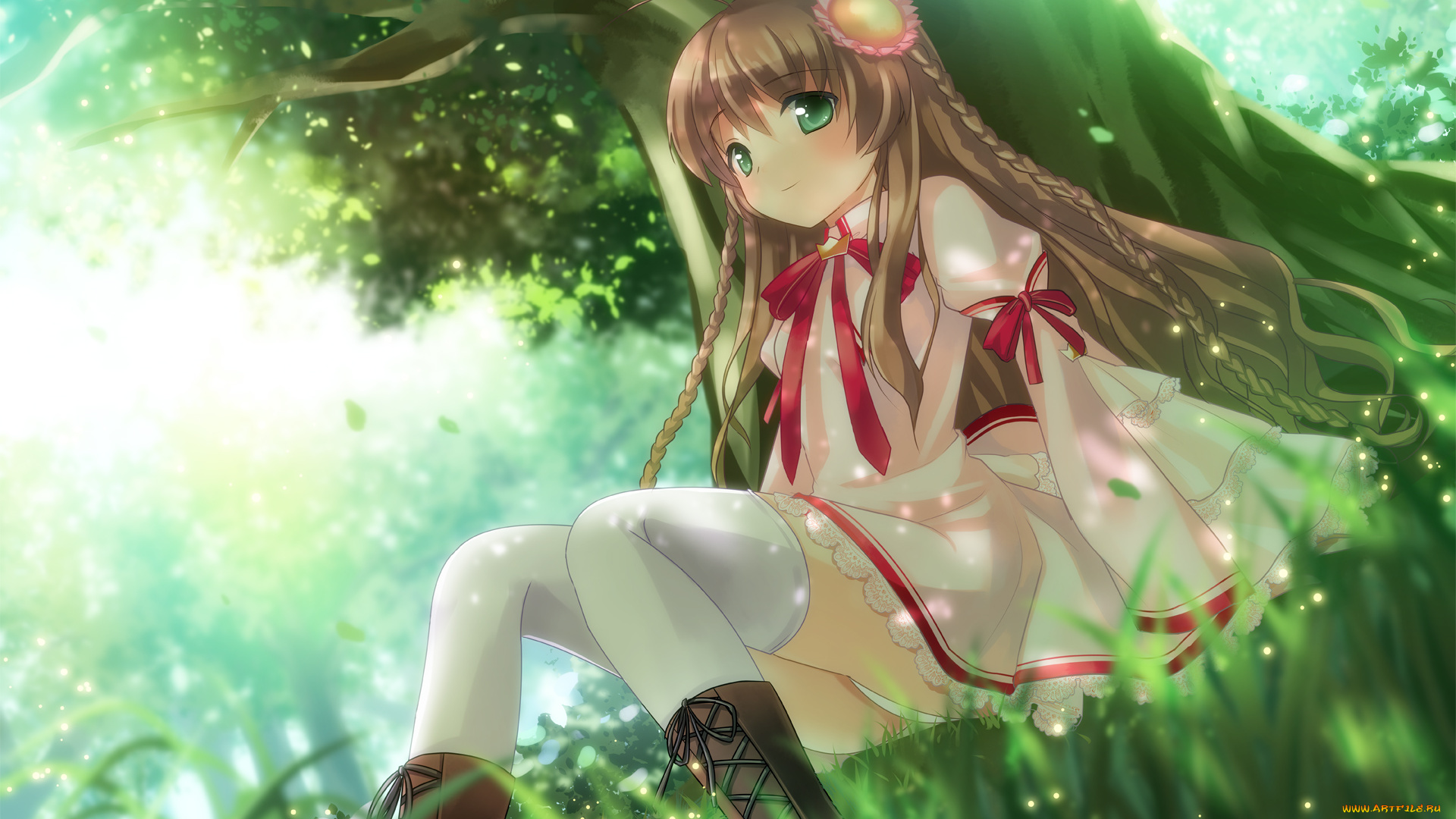 аниме, rewrite, девушка, зелень, дерево, арт, artist, nor, kanbe, kotori, растения