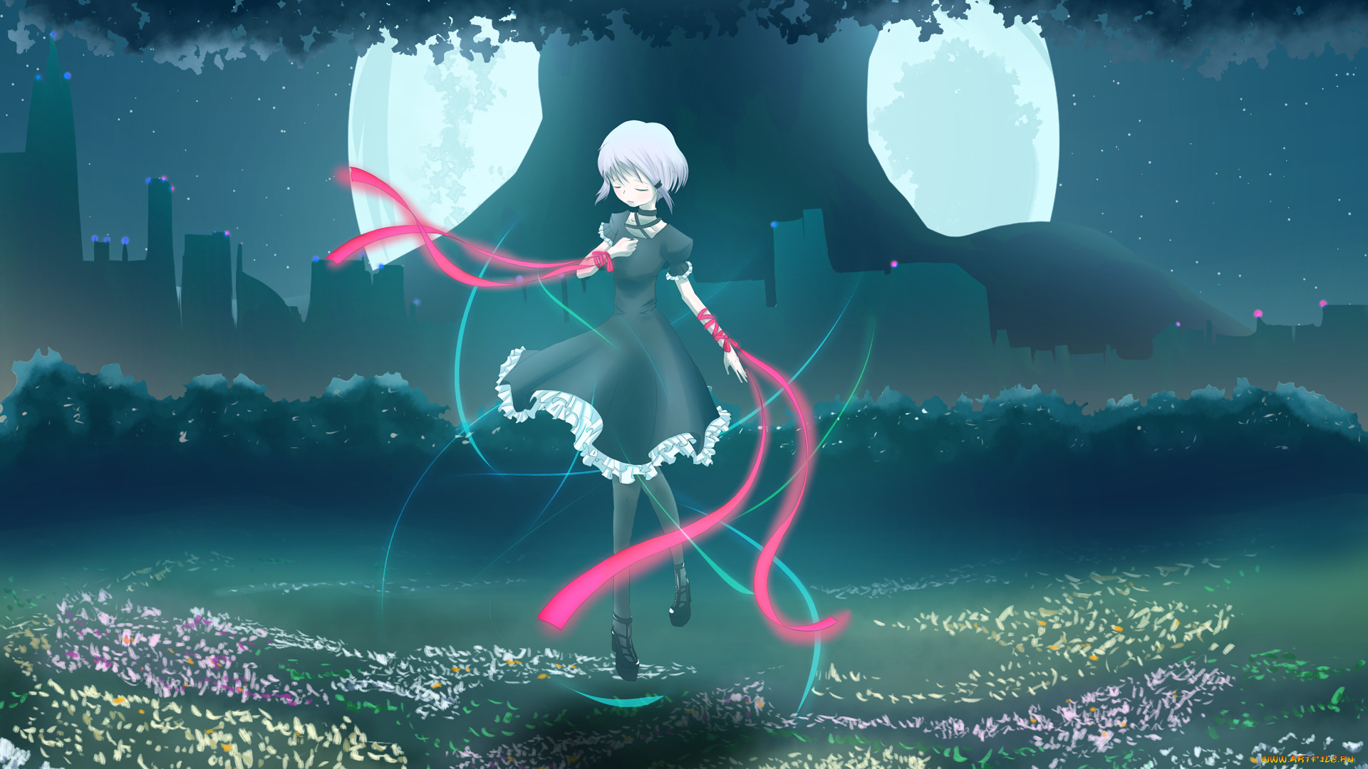 аниме, rewrite, город, луна, ночь, kagari, платье, дерево, девушка, арт, oookoto, ленты, лепестки