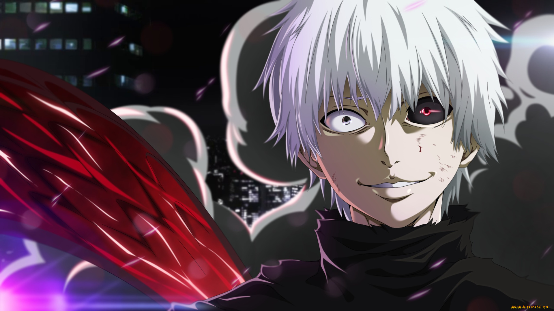 аниме, tokyo, ghoul, взгляд, парень, улыбка, белые, волосы, глаза, лицо, ken, kaneki, tokyo, ghoul
