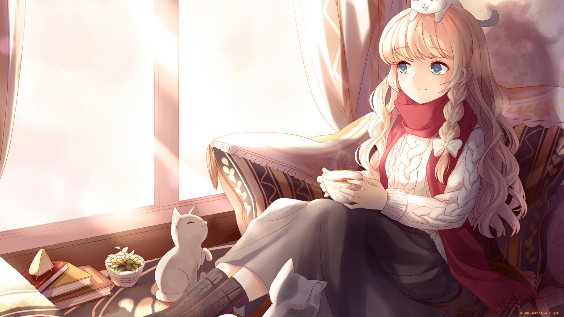 аниме, touhou, чашка, окно, kyuri, kirisame, marisa, косы, блондинка, котята, девушка, 405966795